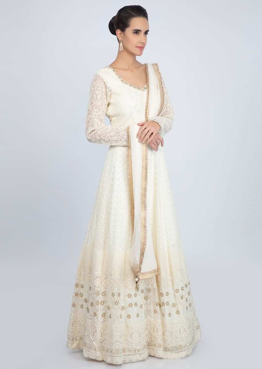 White lucknowi embroidered georgette anarkali suit with matching net dupatta only on Kalki