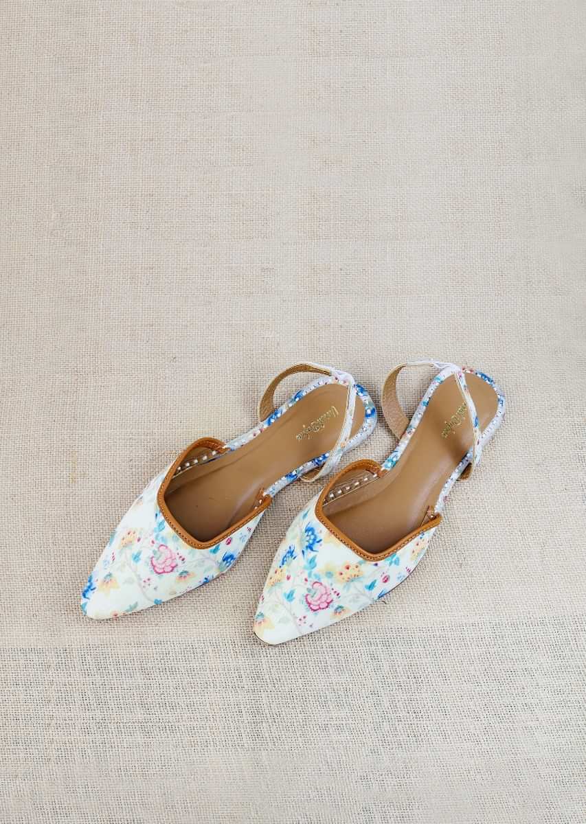White Mules With Back Strap Featuring Multi Colored Floral Print And Braided Rose Gold Zari By Vareli Bafna