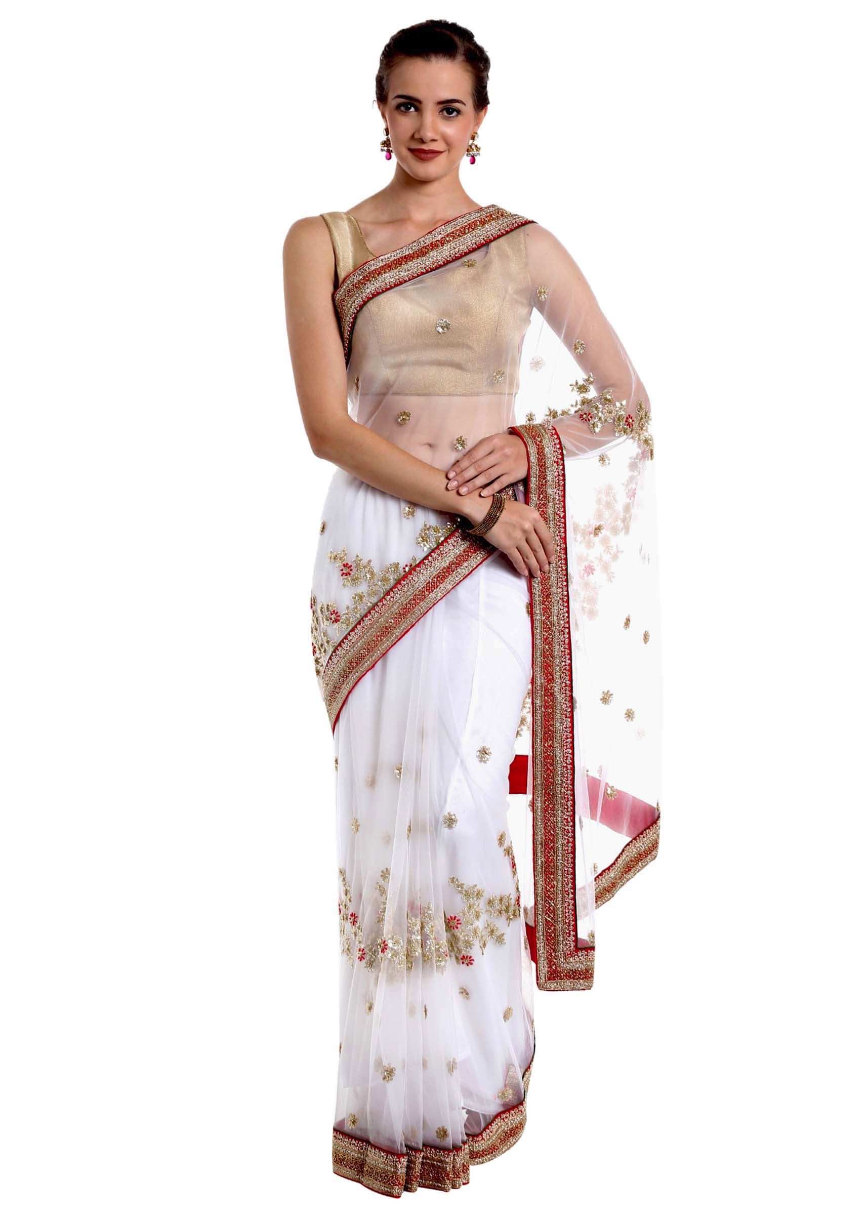 White Saree In Net Embroidered With Sequins Online - Kalki Fashion