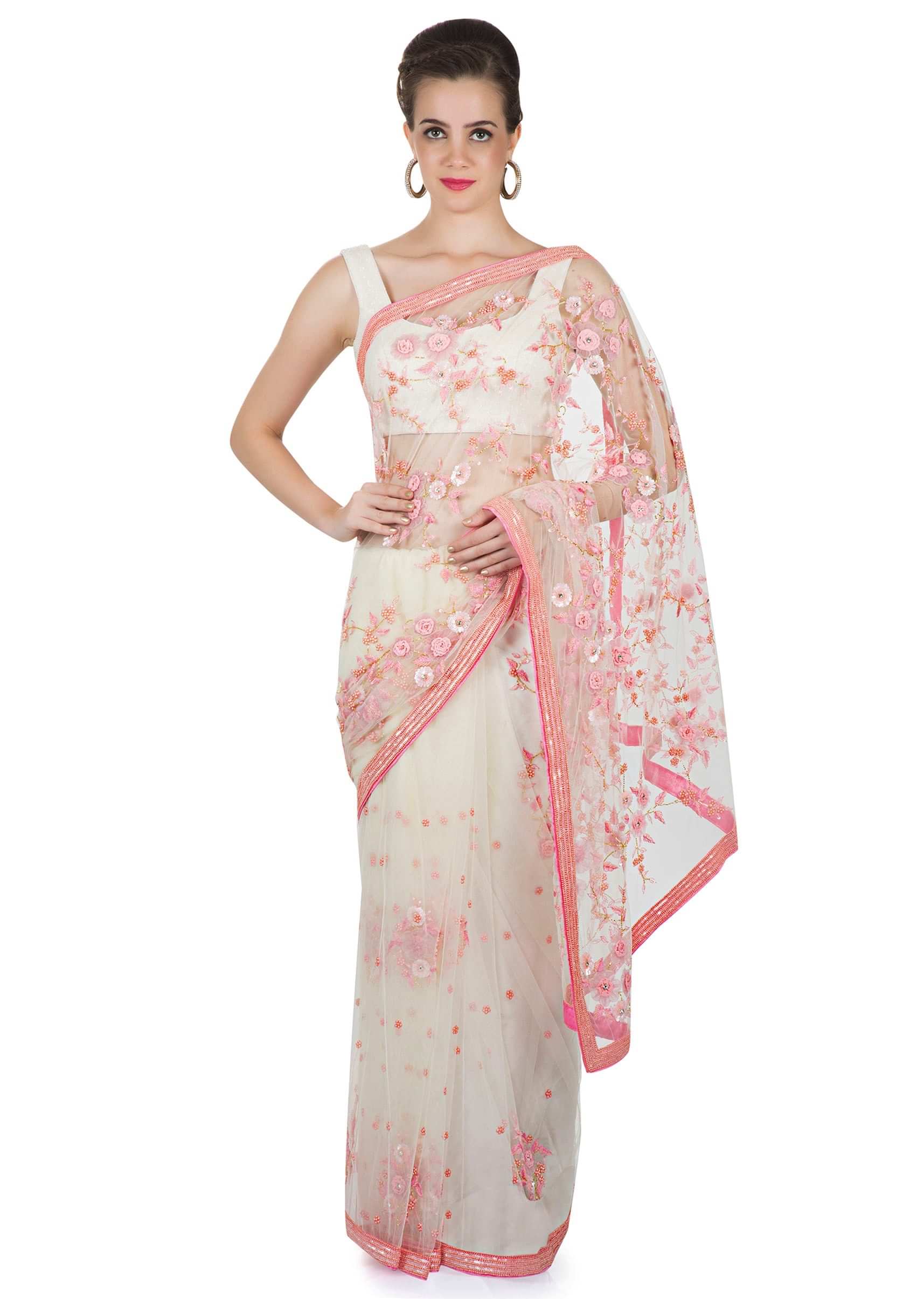 White Net Saree with 3D Flowers, Sequins, Pearls and Cut Dana Details only on Kalki