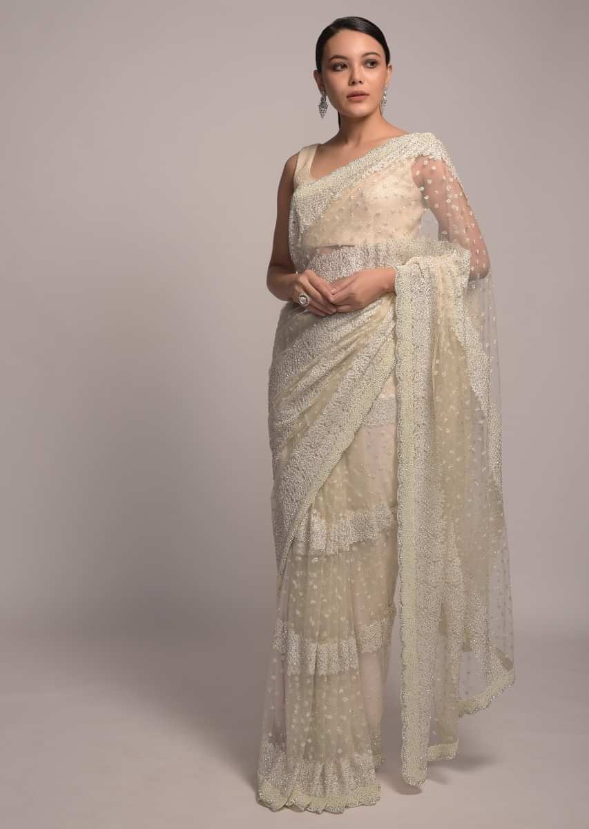 Buy Pearl white Net Saree With Resham And Kundan Embroidered Floral ...