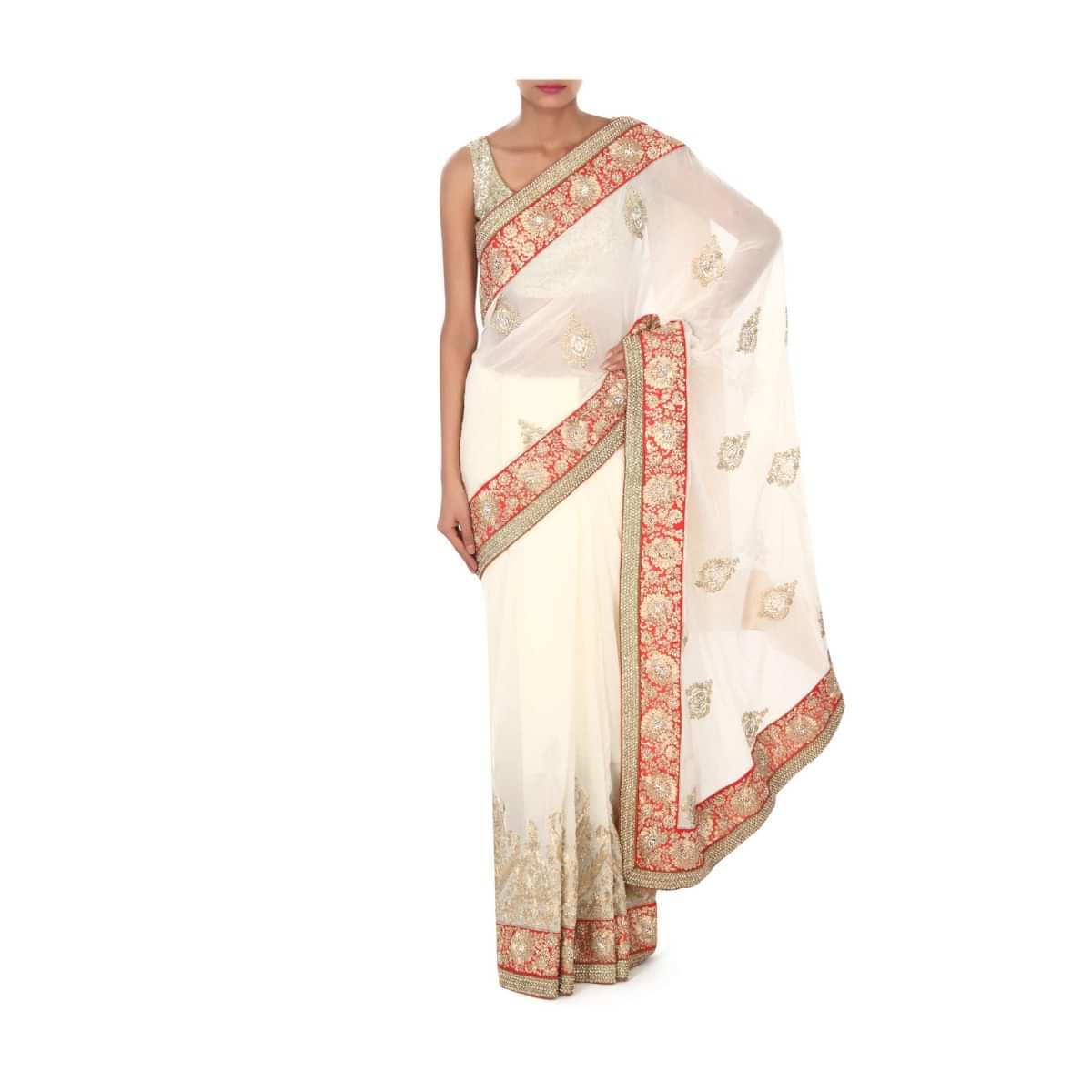 White saree adorn in zari and kundan embroidery only on Kalki