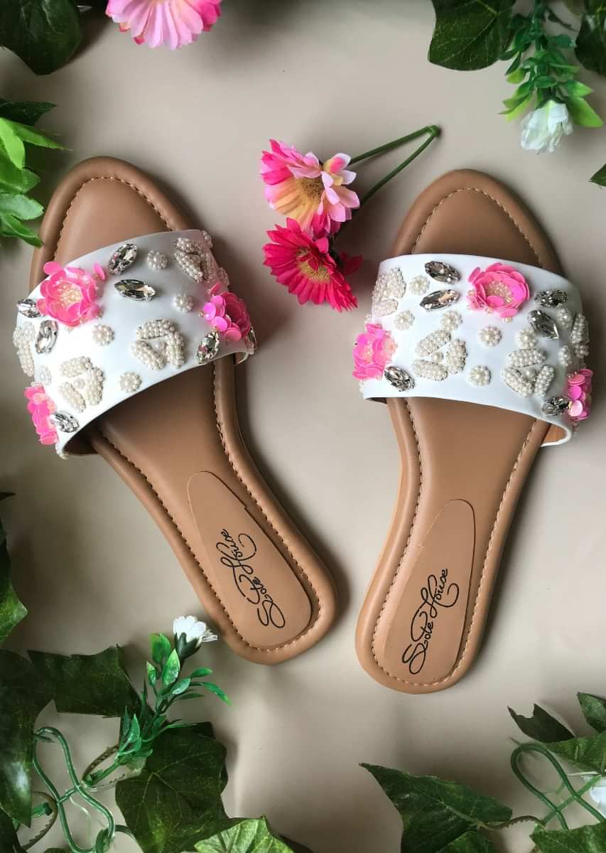 White Slider Flats With Pink Sequin Flowers, Beads And Rhinestone Detailing By Sole House