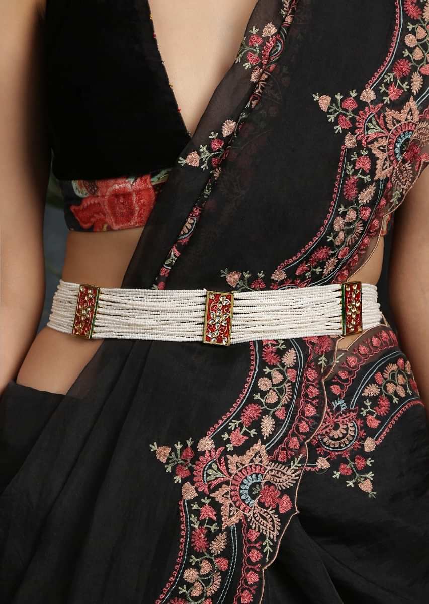 White Waist belt Featuring Timeless Polki Combined With High Grade Shell Pearls And Detailed Meenakari By Paisley Pop
