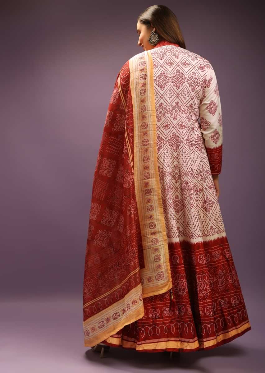 White And Maroon Anarkali Suit In Silk With Bandhani All Over And Tassel Detailing On The Placket  
