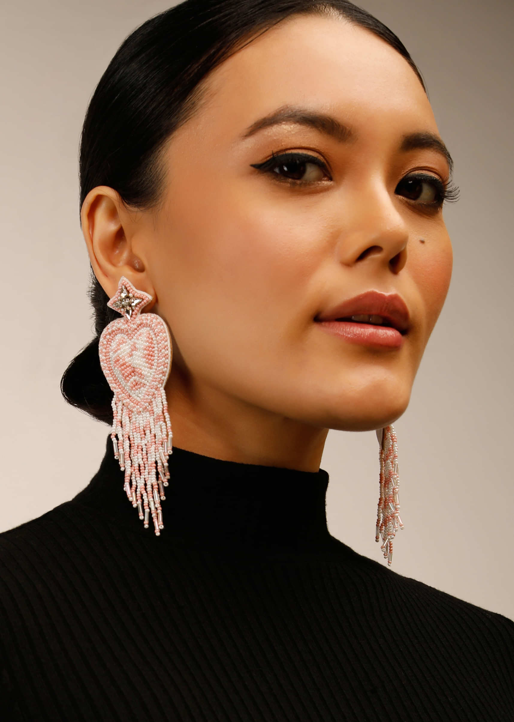 White And Pink Beads Embellished Leather Earrings With Fringes And Stone Work 