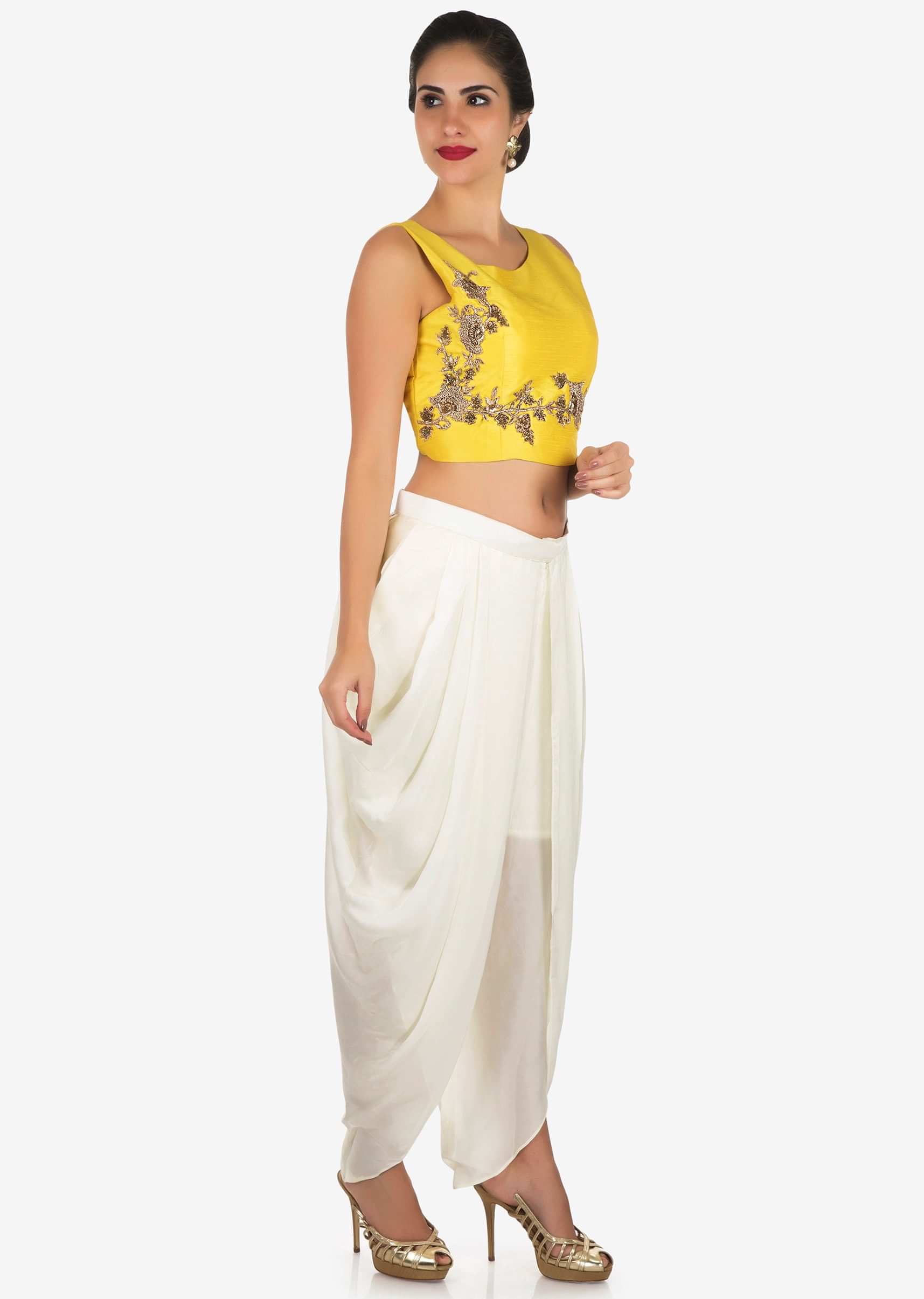 White And Yellow Dhoti Suit Enhanced In Zardosi Embroidered Work Online - Kalki Fashion