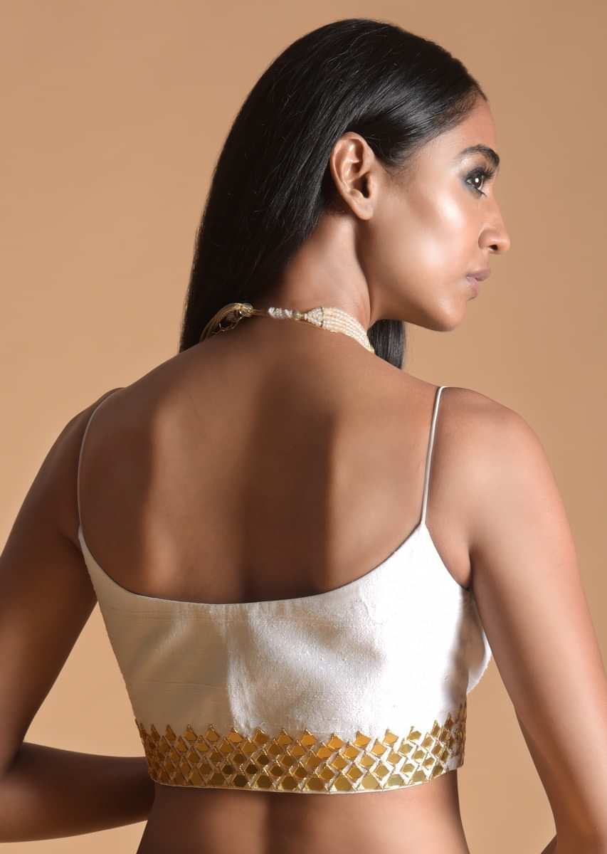 White Blouse In Raw Silk With Mirror Work And Spaghetti Straps On the Shoulders