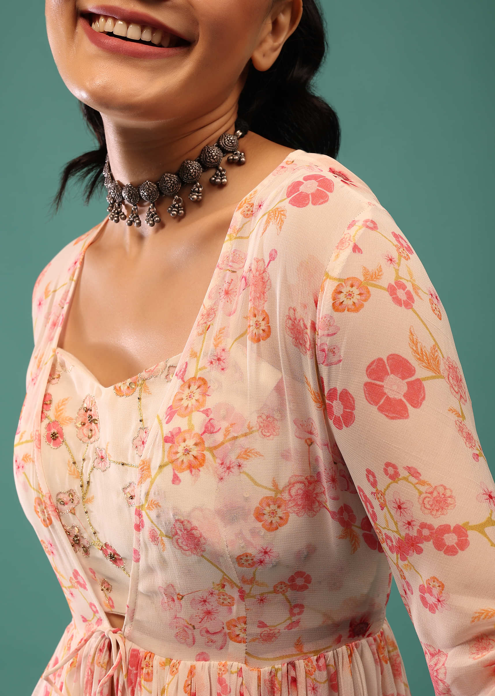 White Blouse, Palazzo And Shrug Set With Pink Floral Print