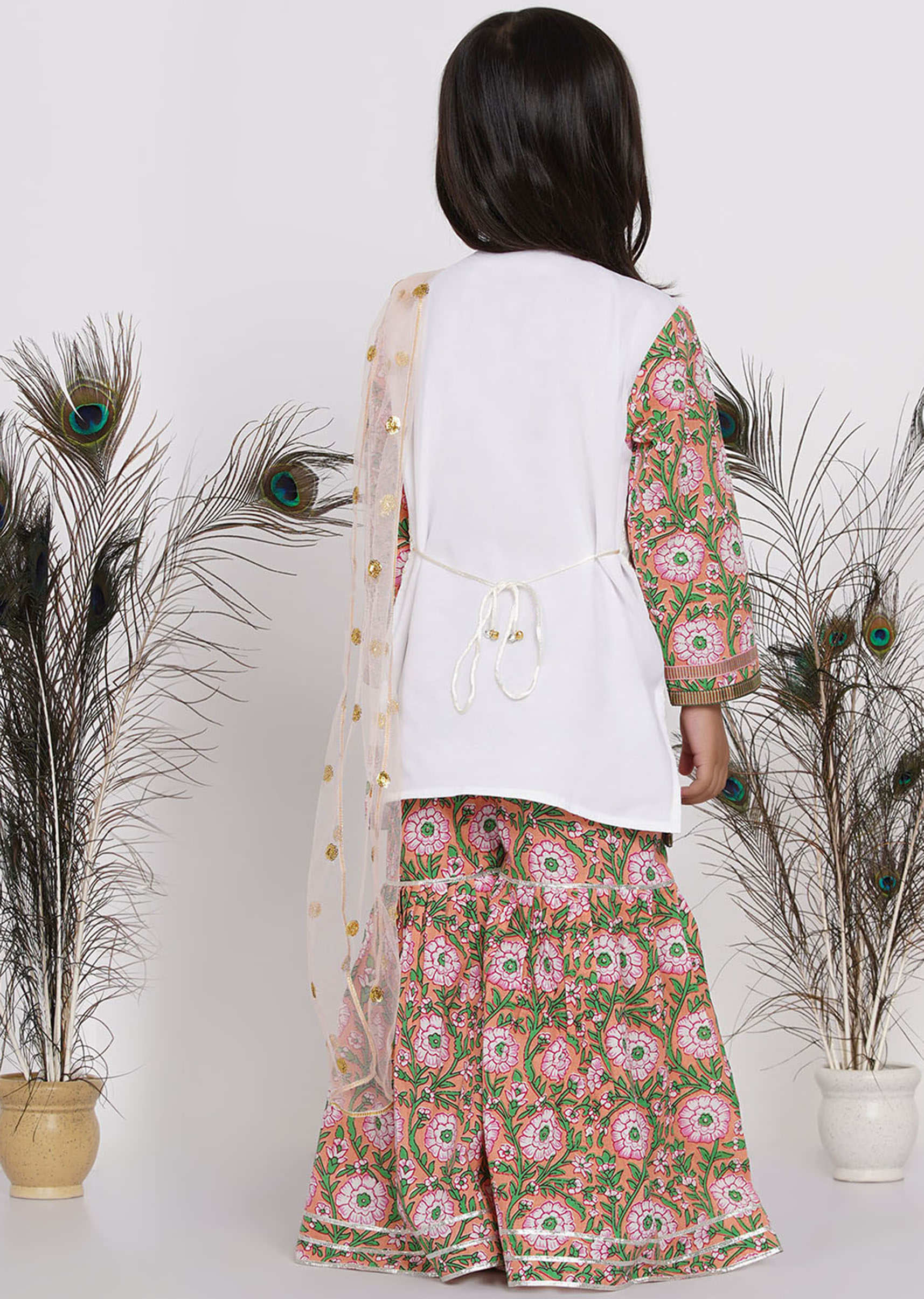 Kalki Girls White & Coral Bengali Sharara Set With Embroidery