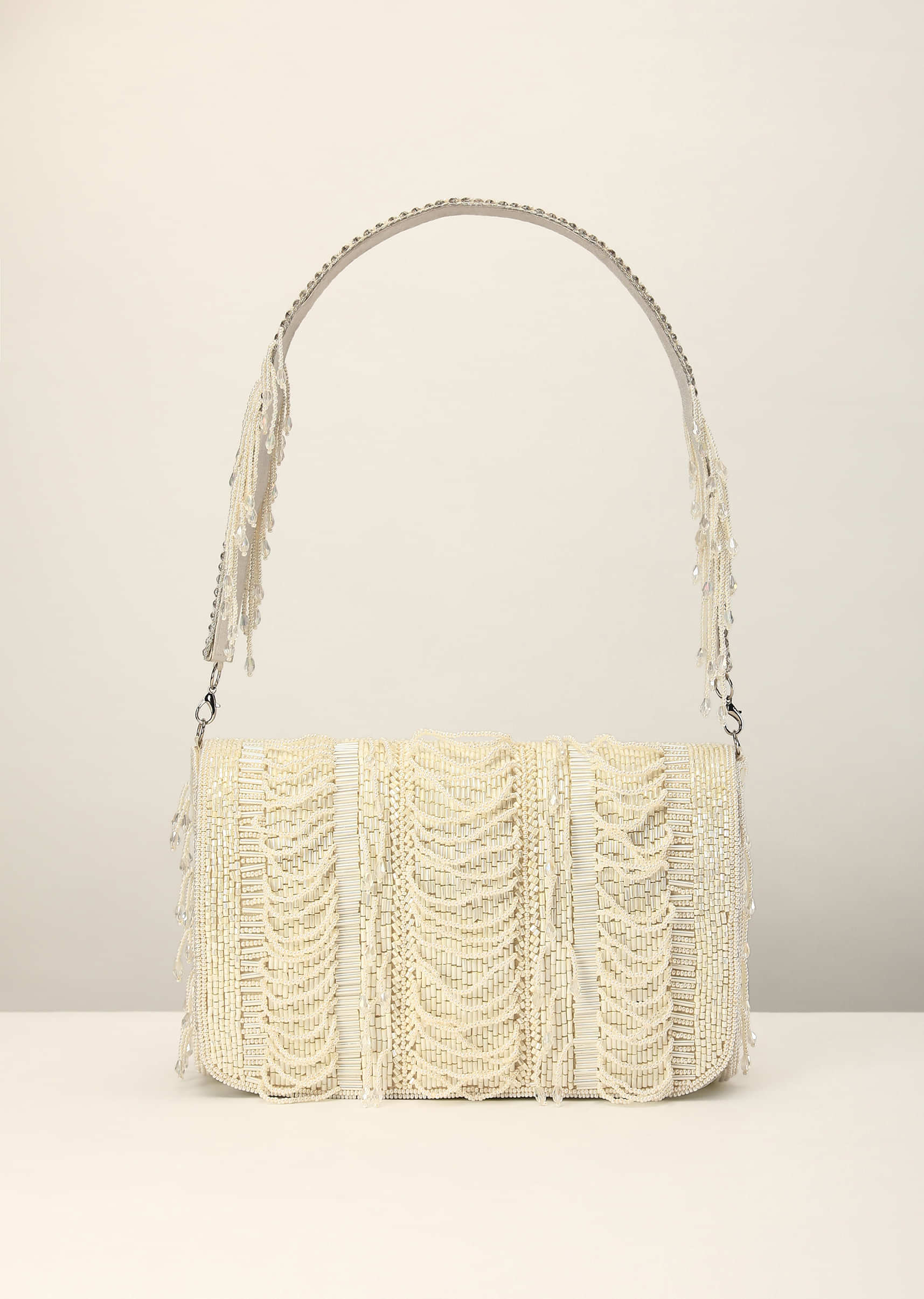 White Embroidered Clutch Bag With Cut Dana Work And Pearl Loops