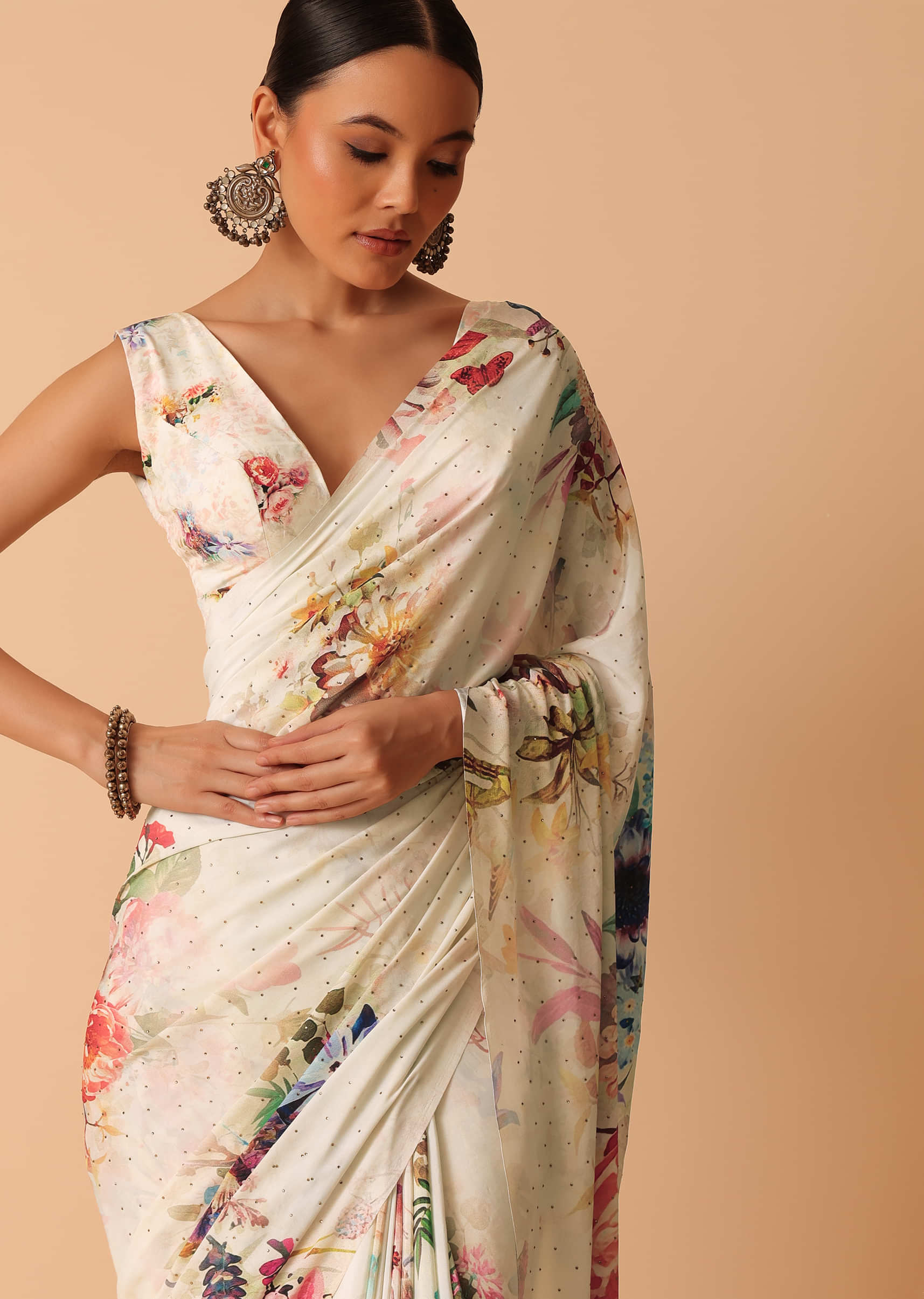MOHIT CREATIONS PartyWear Floral Prited Soft Satin Silk Saree With  Unstitched Blouse