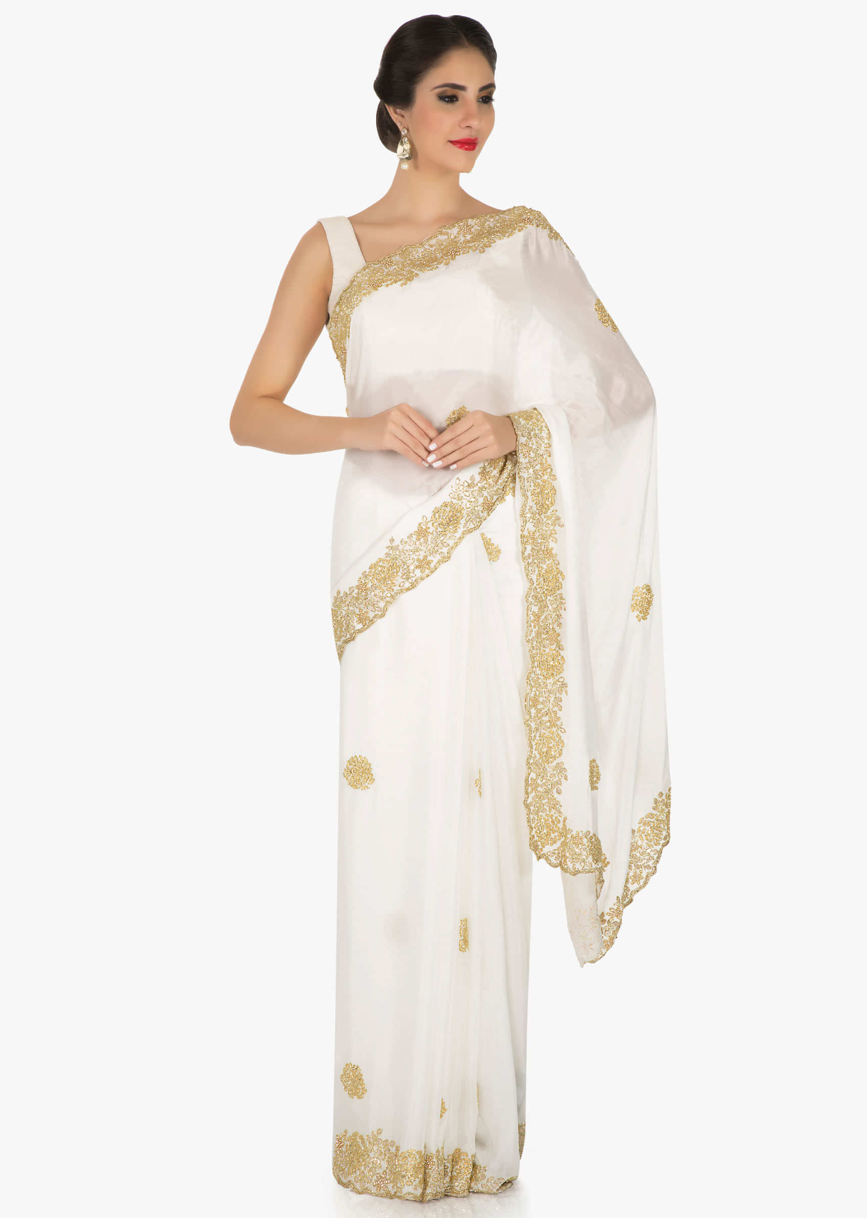 White Saree In Georgette Embellished With Cut Dana Online - Kalki Fashion