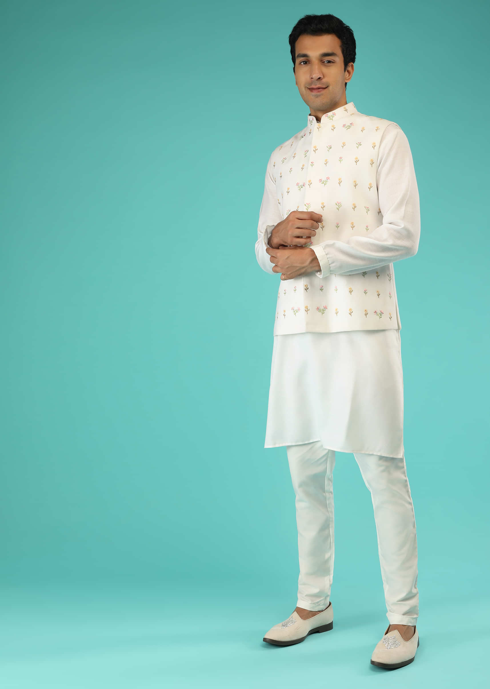 White Nehru Jacket And Kurta Set With Multi Colored Resham Embroidered Floral Buttis