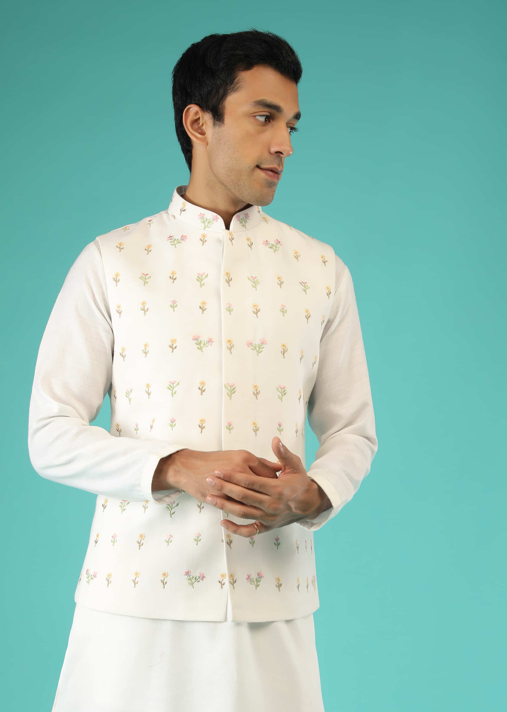 White Nehru Jacket And Kurta Set With Multi Colored Resham Embroidered Floral Buttis
