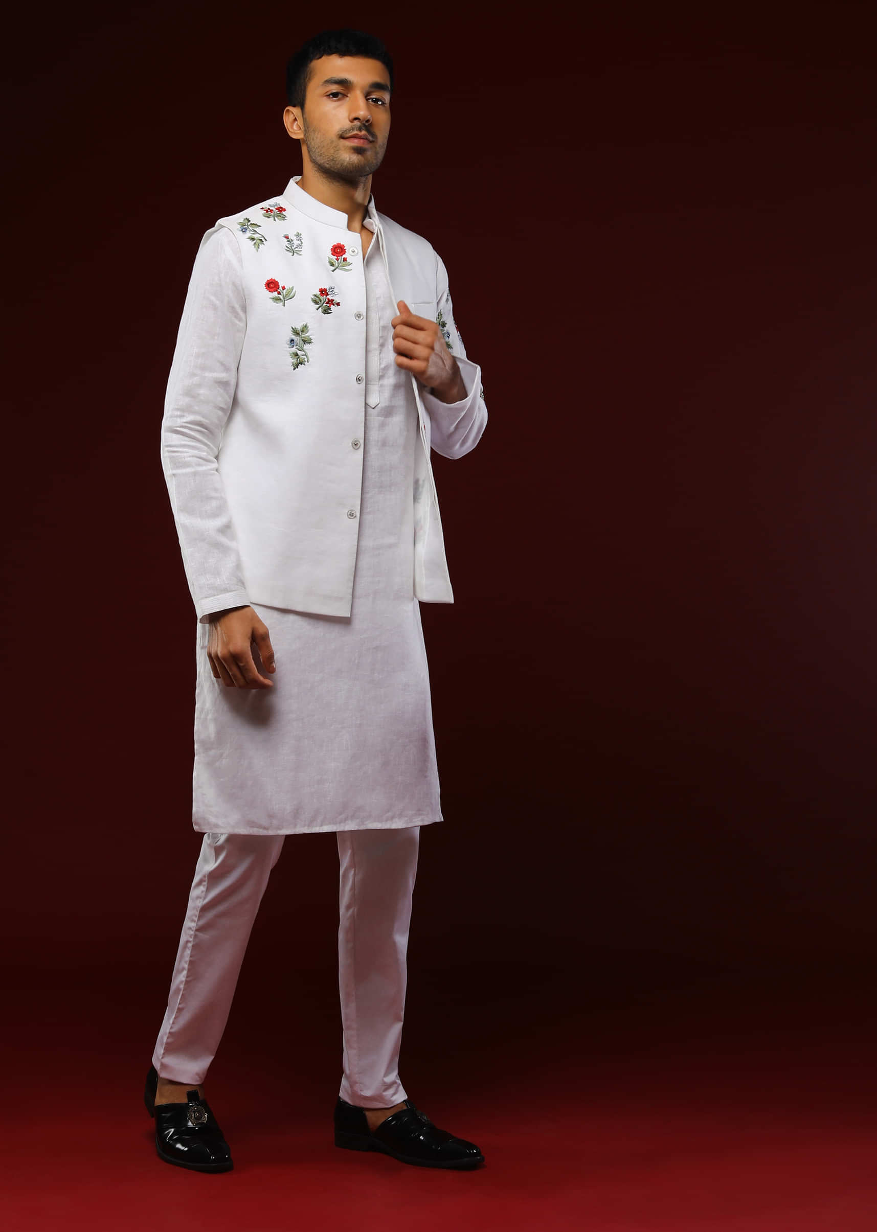 White Nehru Jacket Set In Linen With Multi Colored Resham Embroidered Floral Motifs