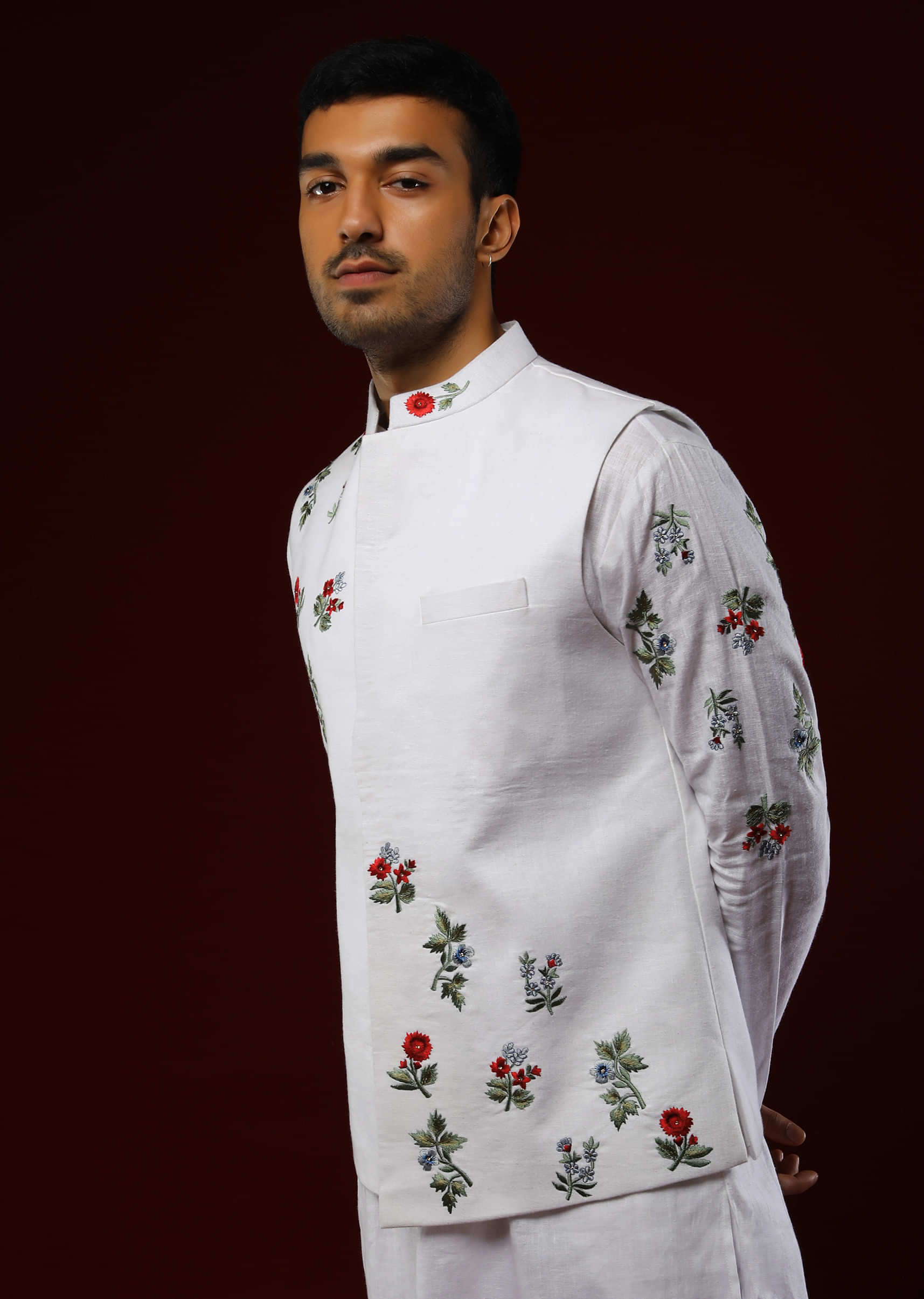 White Nehru Jacket Set In Linen With Multi Colored Resham Embroidered Floral Motifs