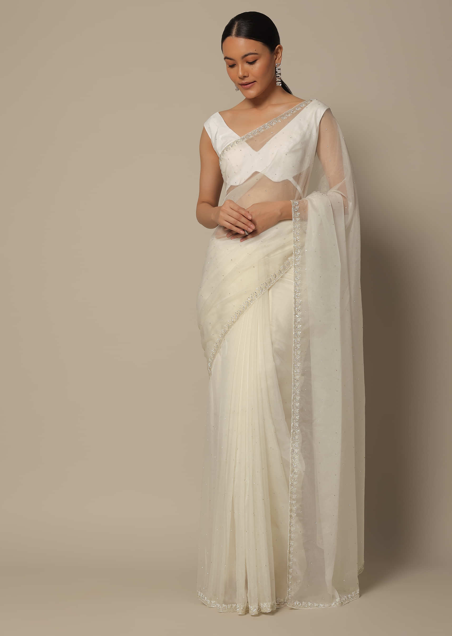 Buy White Organza Saree With Scallop Cutdana Border And Unstitched ...