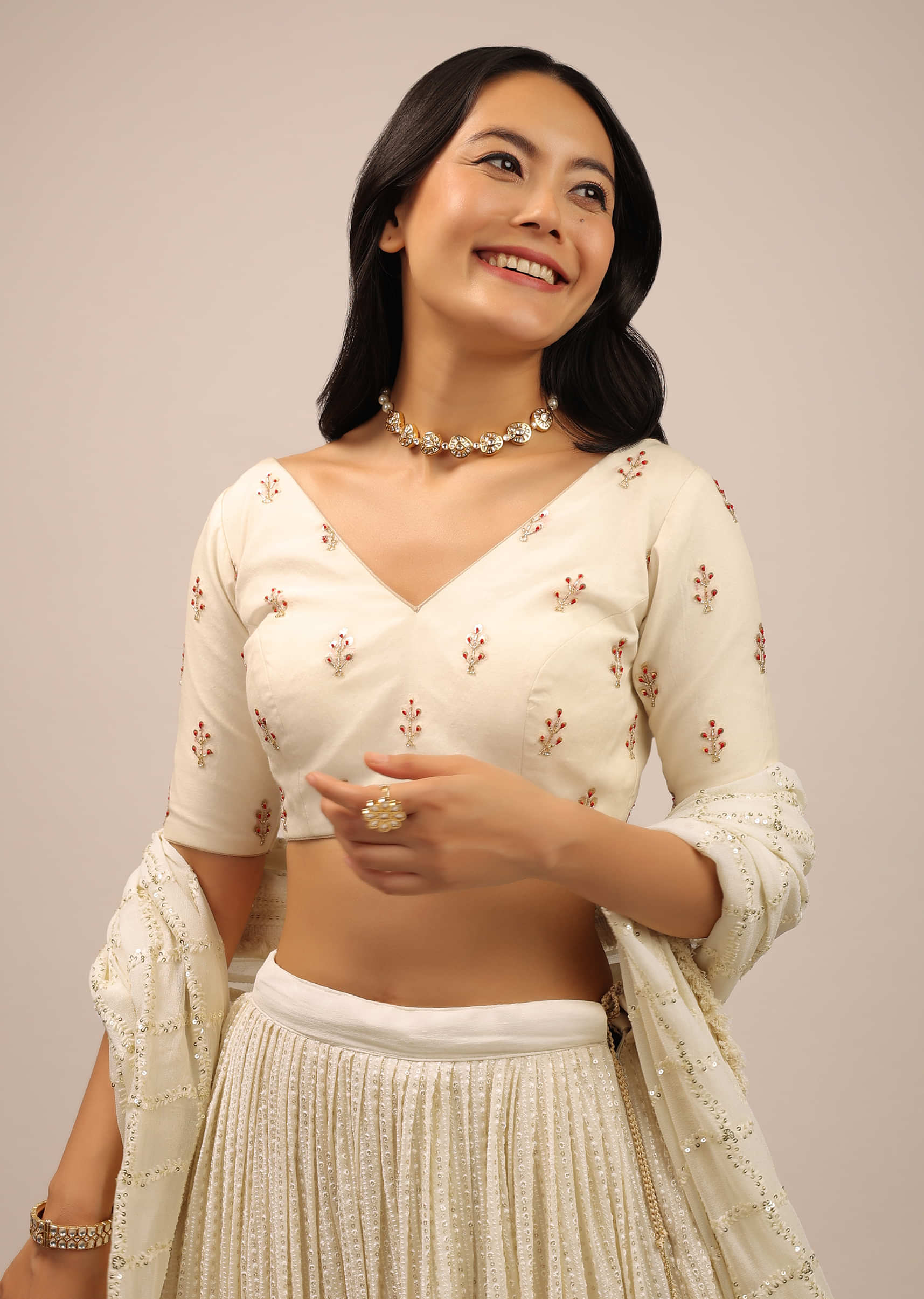 White Padded Blouse With Half Sleeves And Resham Embroidered Floral Buttis