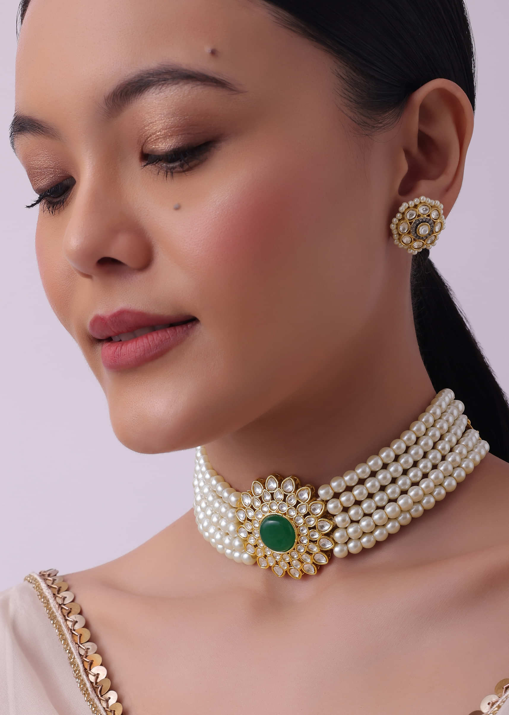 Buy Pearl Necklace With American Diamonds and Earrings online-Karagiri