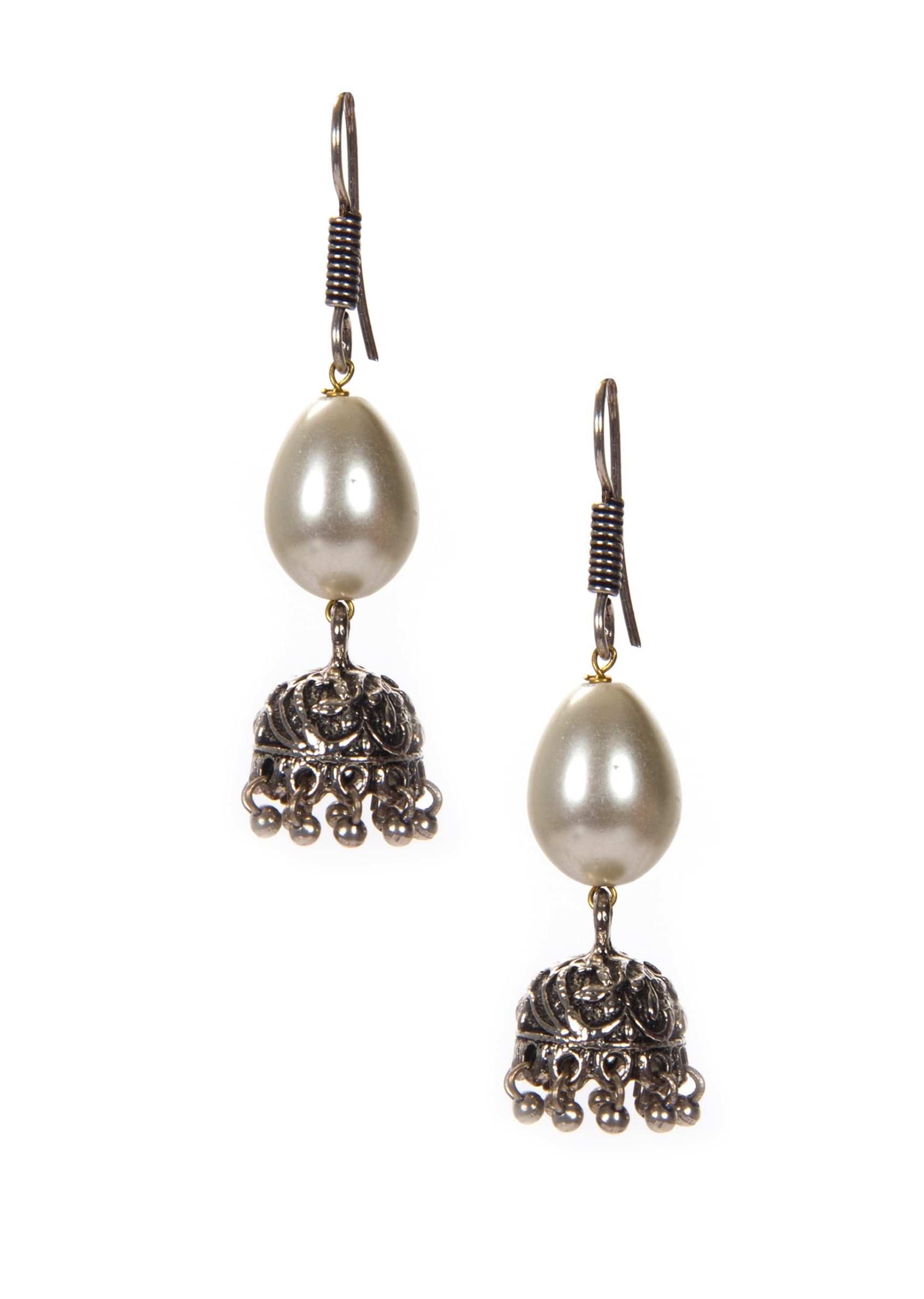 White Pearl Earrings With Attached Silver Jhumkas In Hanging Moti only on Kalki