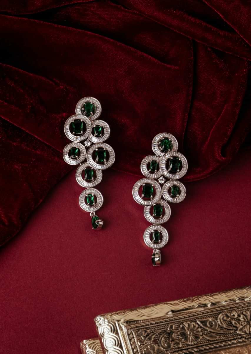 White Rhodium, Green Synthetic Stones And White Faux Diamonds Earrings By Tizora