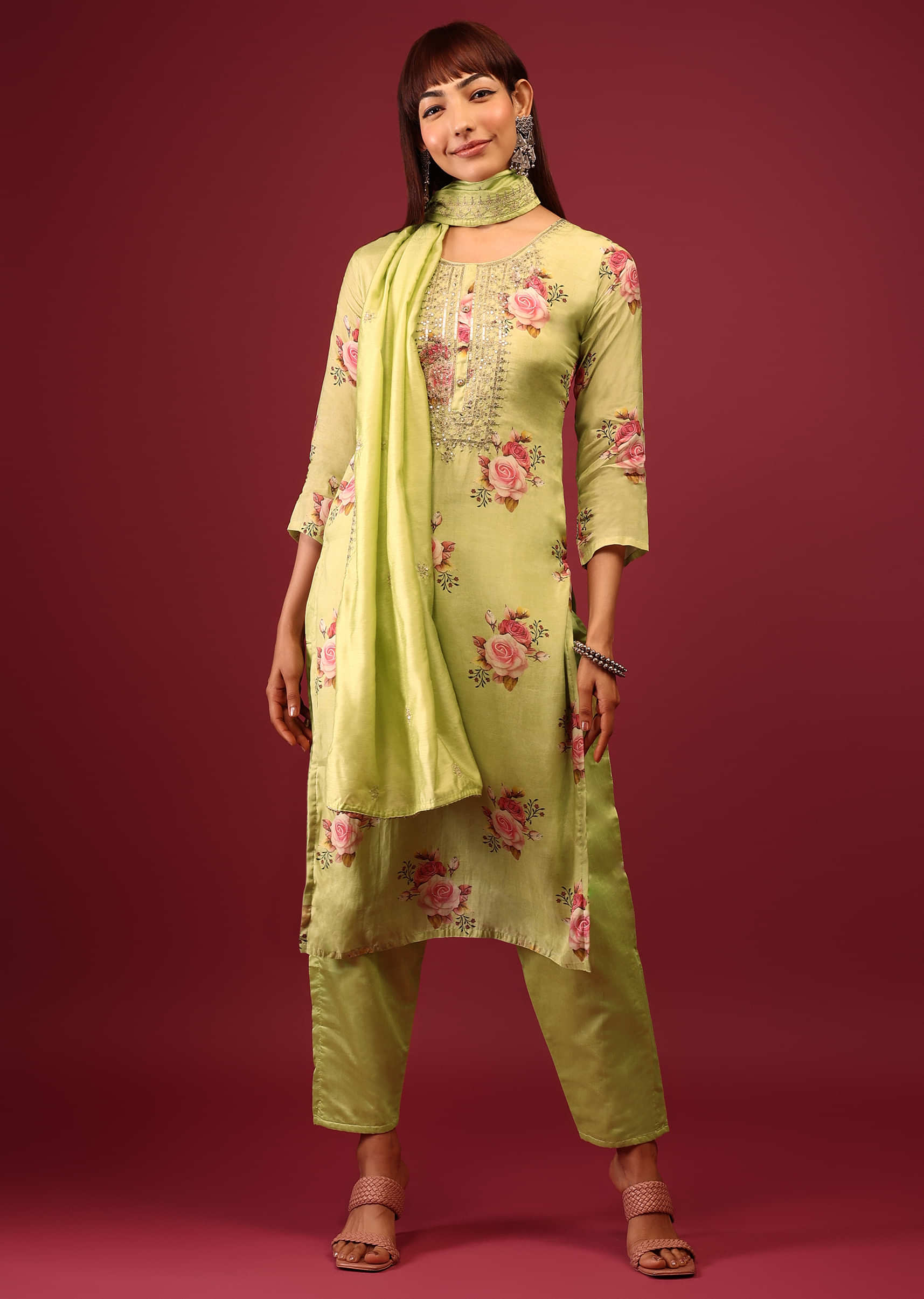Wild Lime Floral Print Pant Suit In Straight Cut And U Neckline With Zari Embroidery