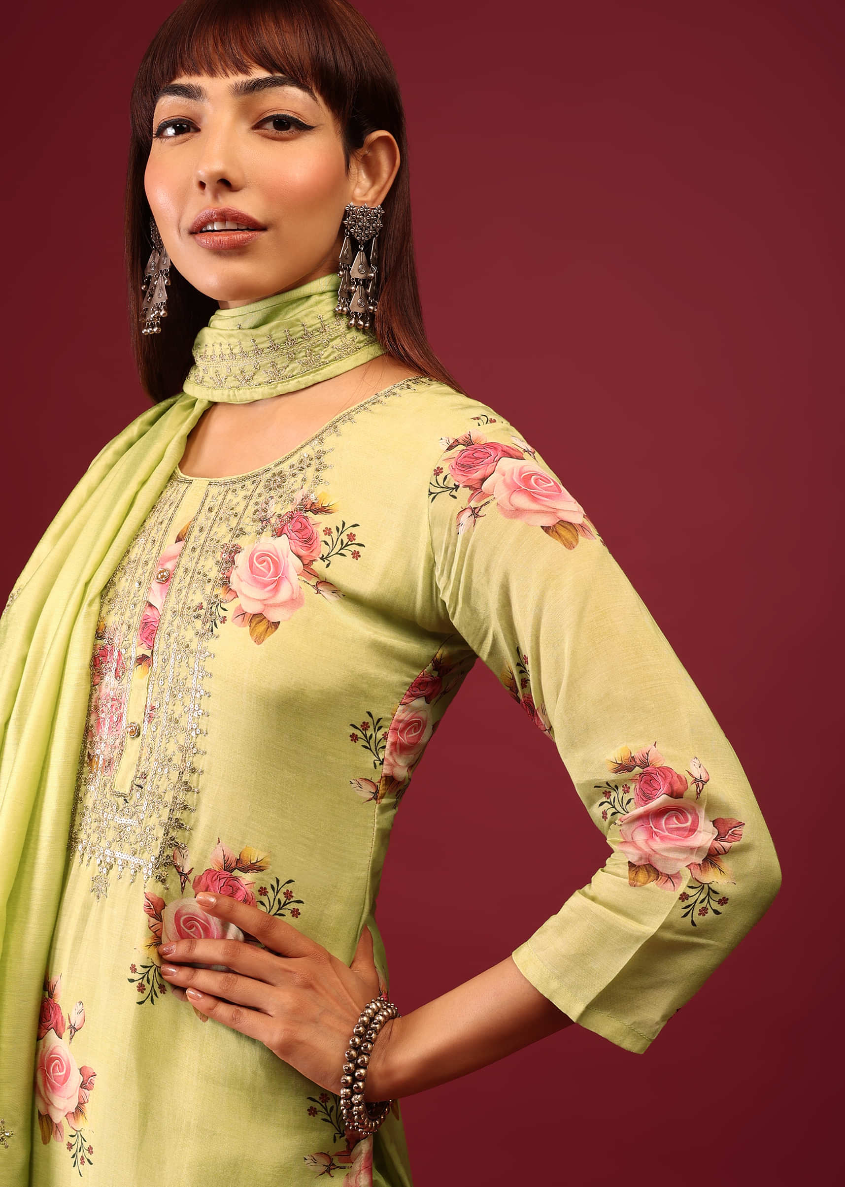 Lime Green Floral Print Pant Suit In Straight Cut And U Neckline With Zari Embroidery