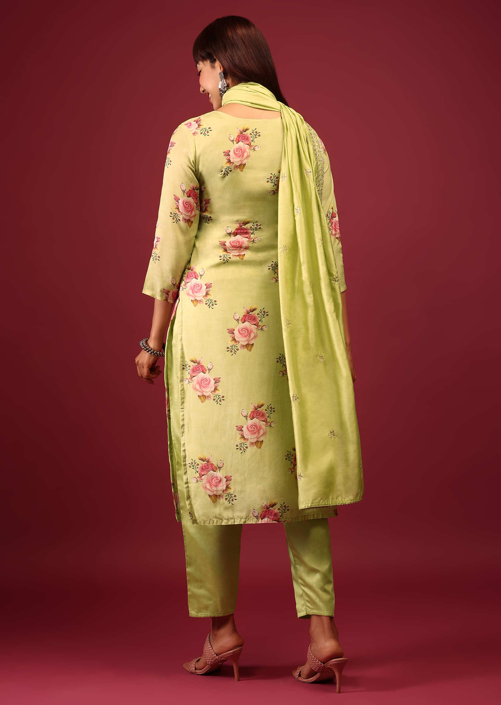 Lime Green Floral Print Pant Suit In Straight Cut And U Neckline With Zari Embroidery