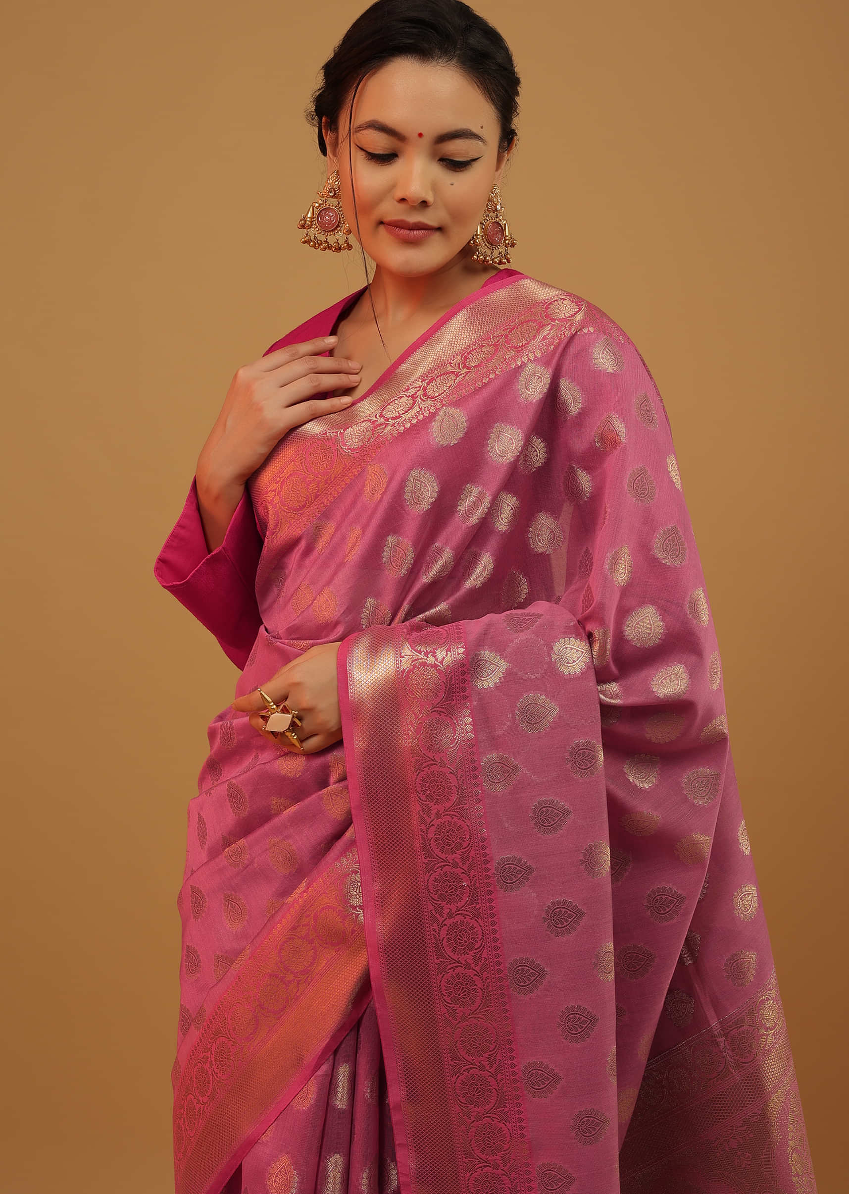 Wild Orchid Pink Saree In Pure Handloom Cotton With Banarasi Chanderi Weave