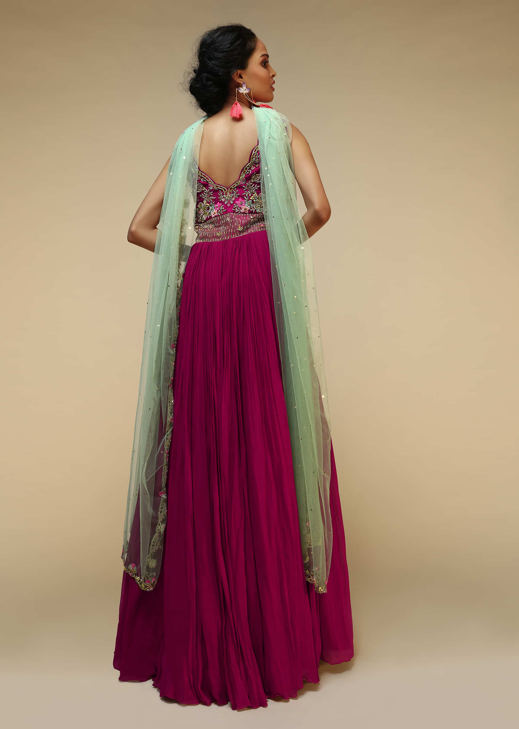Wine Anarkali Suit In Georgette With A Heavily Hand Embroidered Bodice Featuring Multi Colored Resham And Beads  