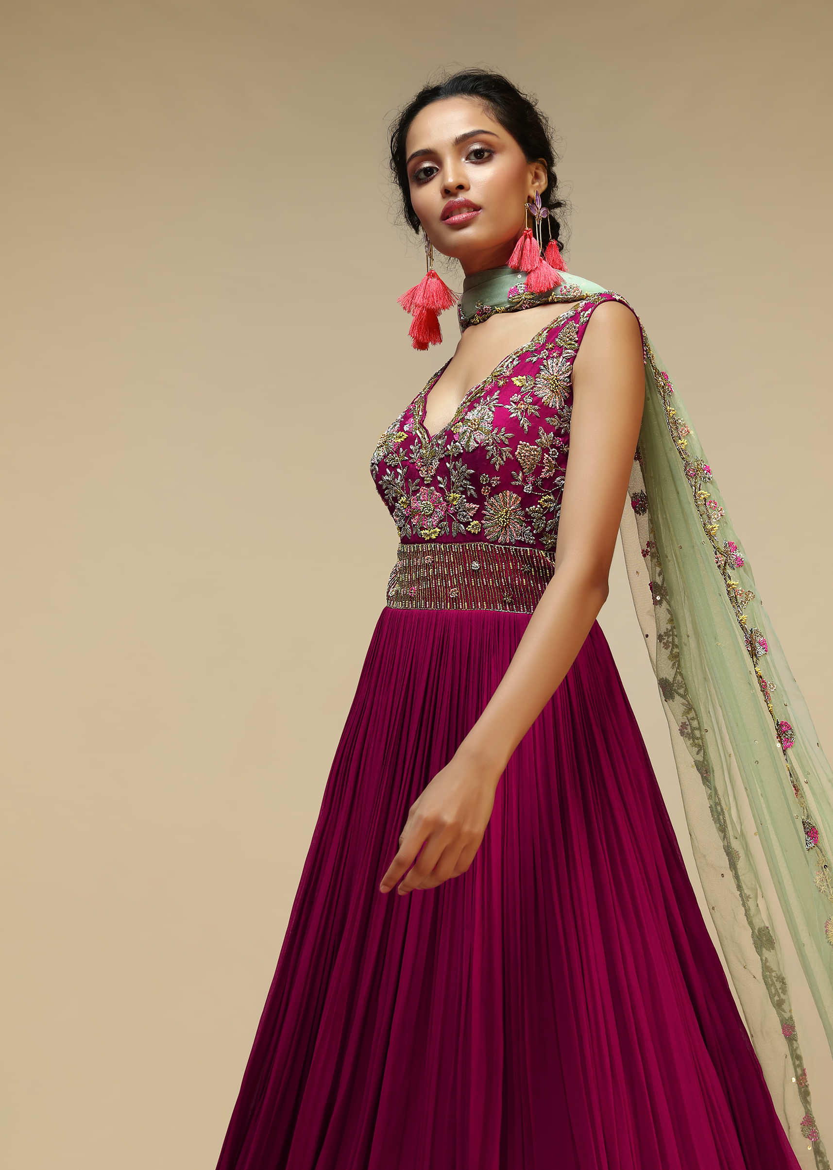 Wine Anarkali Suit In Georgette With A Heavily Hand Embroidered Bodice Featuring Multi Colored Resham And Beads  