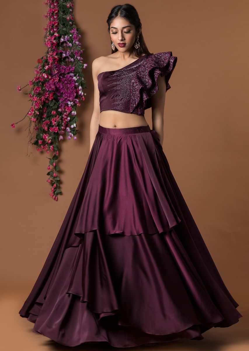 Amazon.com: Beige Net Golden Sequin Embellished Designer Ruffle Frill  Lehenga Chaniya Choli Skirt Crop top Wedding Dress : Clothing, Shoes &  Jewelry