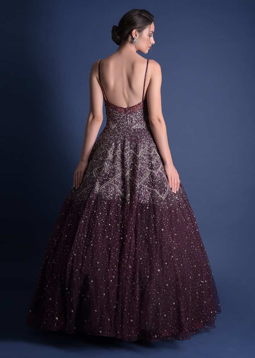 Jewel-toned Cassis Gown In Hand Embellished Net With Geometric Motifs And Deep Cut Back