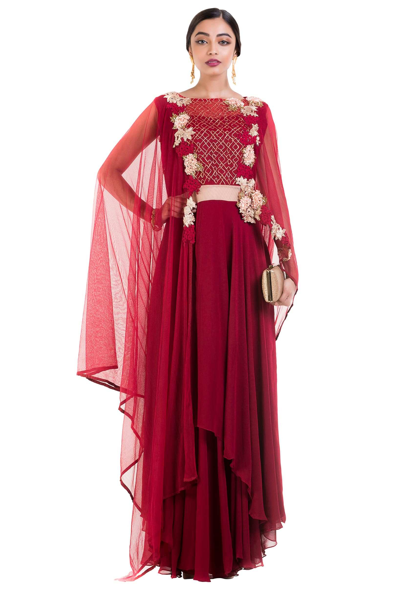 Wine layered Suit Set With Attached Dupatta