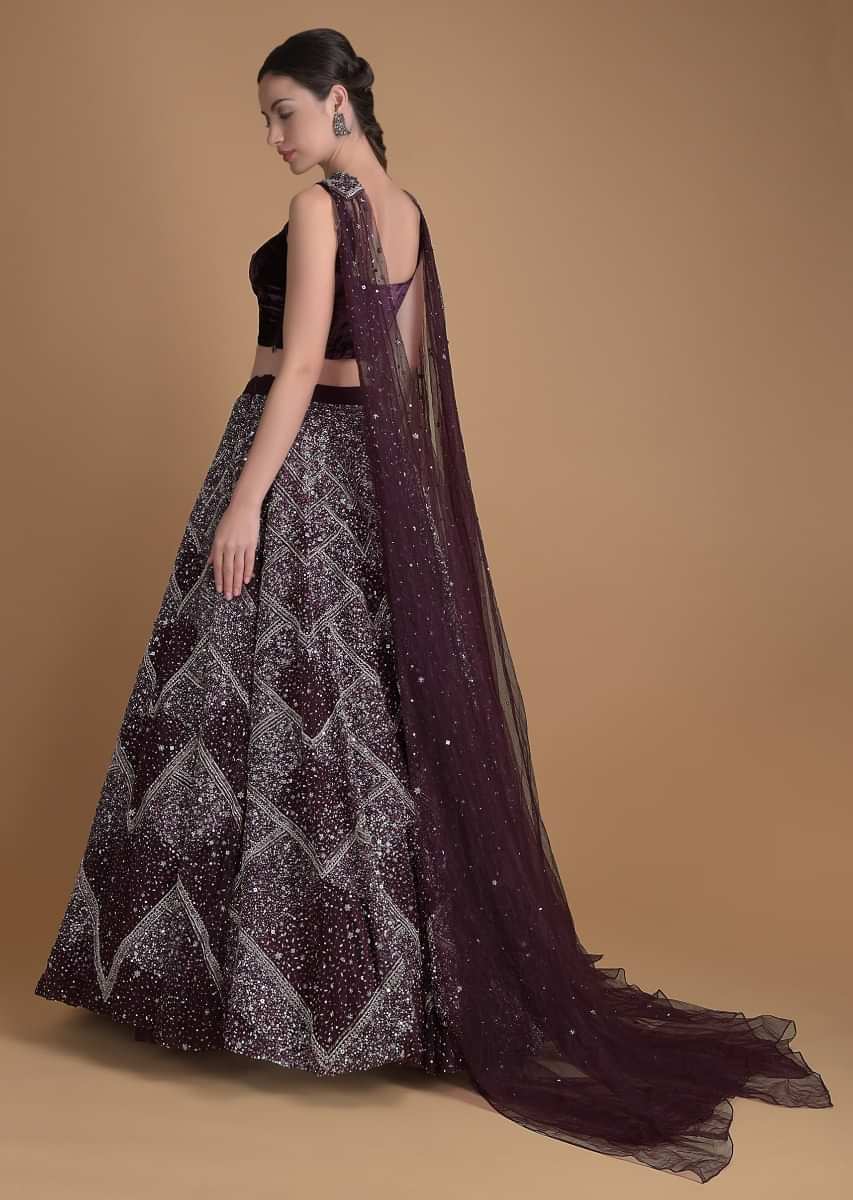 Jewel-toned Cassis Lehenga With Hand Embroidered Geometric Motifs And Long Embellished Dupatta 