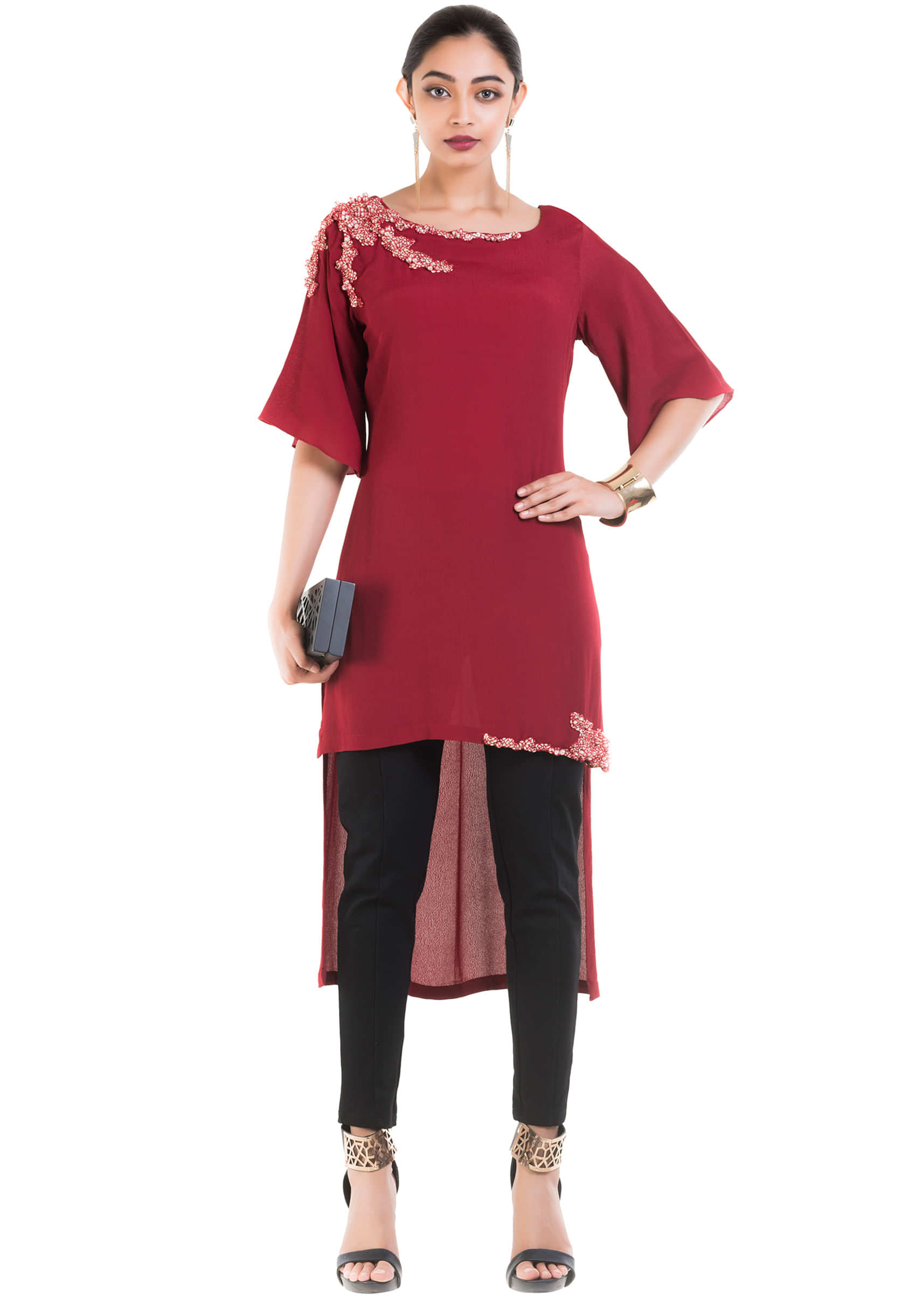 Wine Long Short Tunic With Box Sleeves