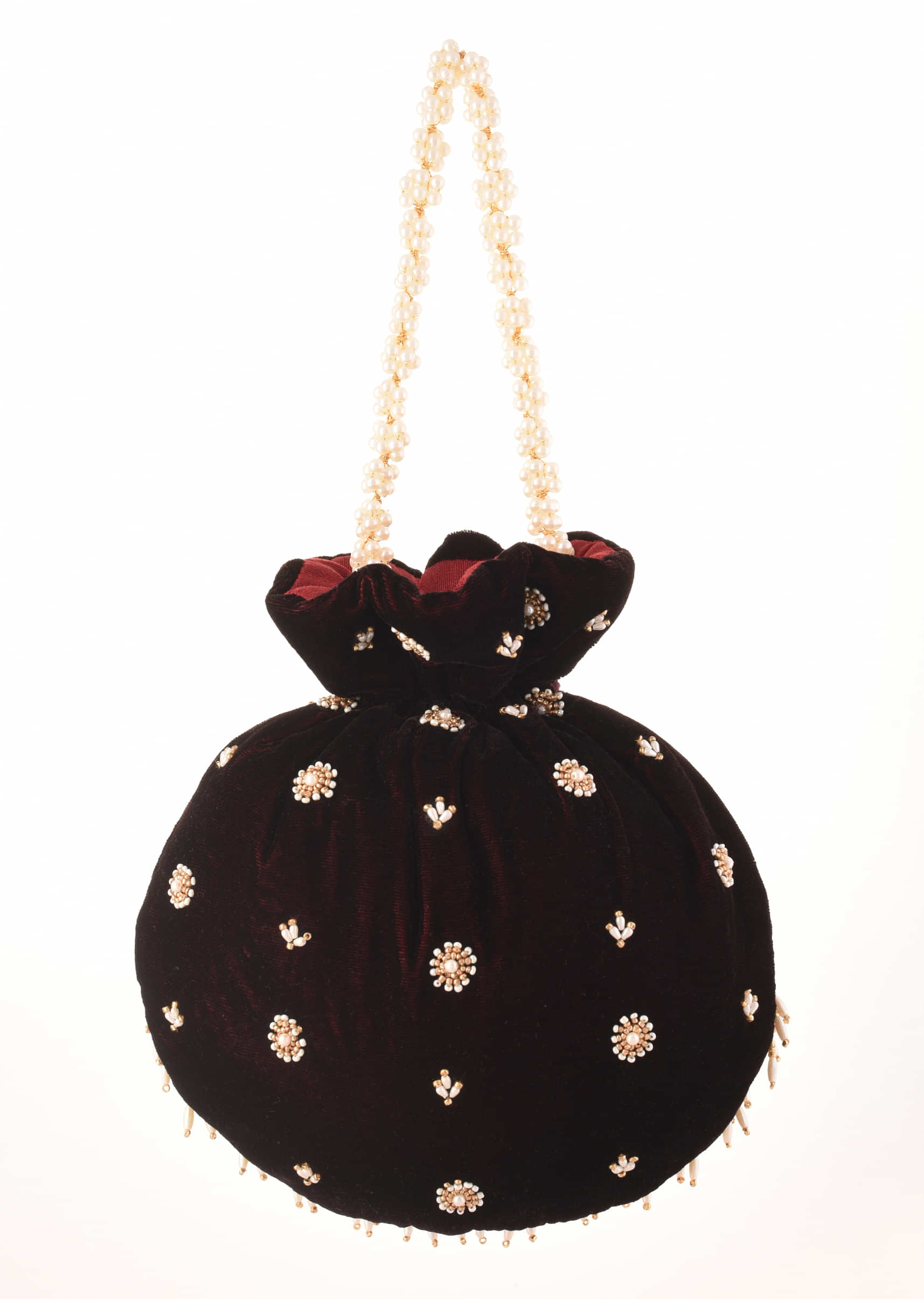 Wine Potli In Velvet Heavily Embroidered With Beads And Moti Work In Scalloped And Tassel