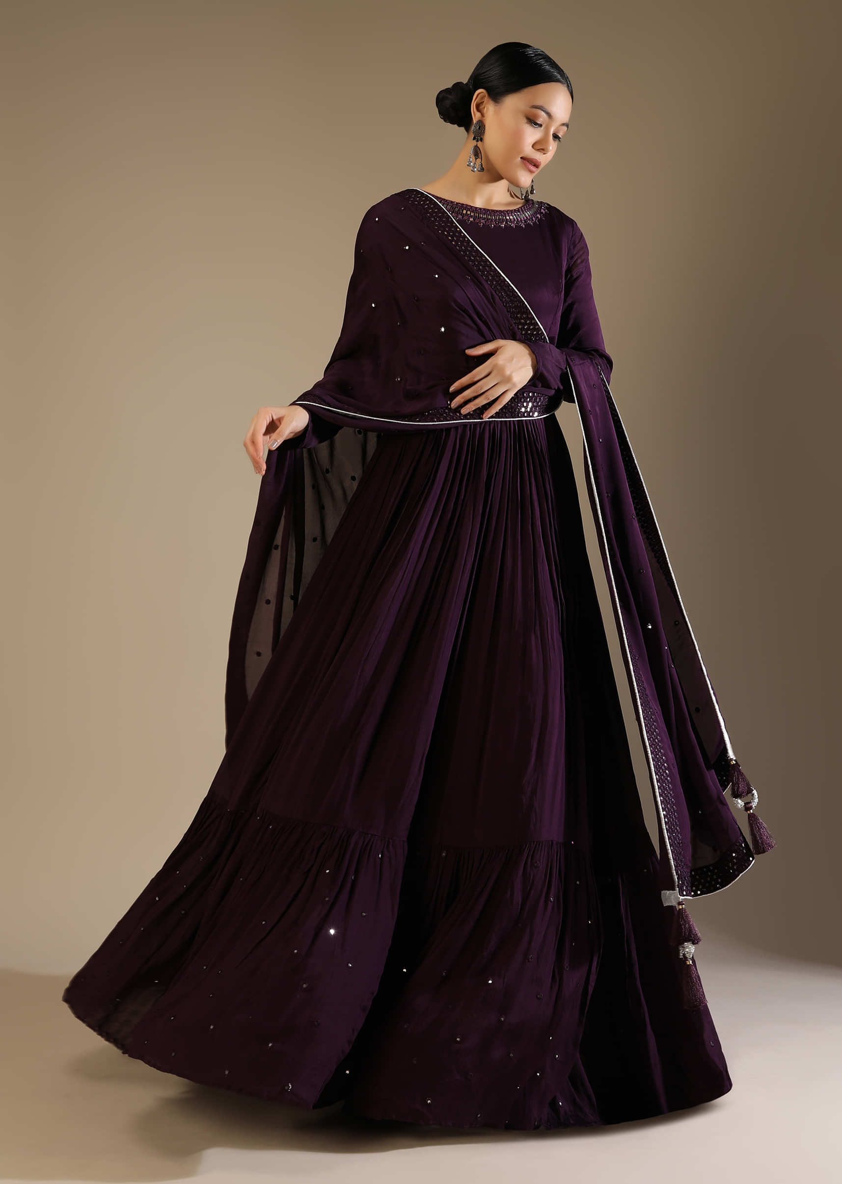 Wine Purple Anarkali Suit In Chiffon With Abla Embroidered Neckline And Tiered Hemline  