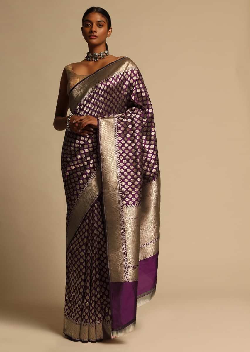 Buy Wine Purple Banarasi Saree In Pure Handloom Silk With Woven ...
