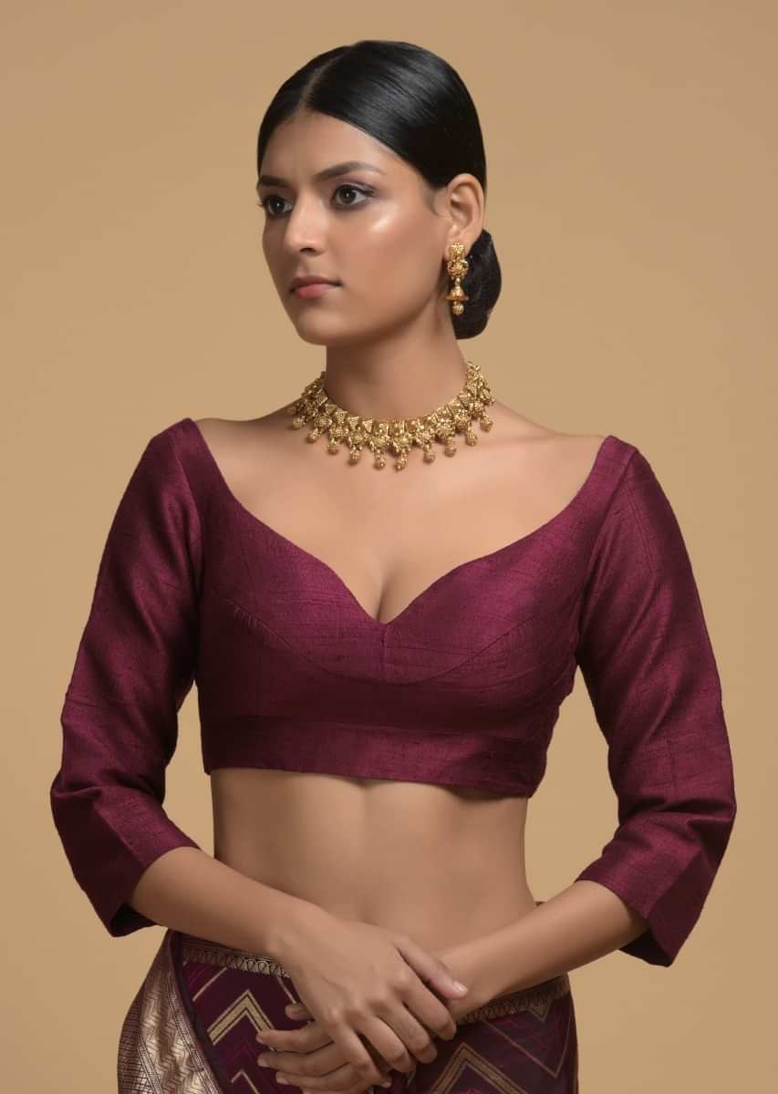 Wine Purple Blouse In Raw Silk With Sweetheart Neckline And 3/4th Sleeves Online - Kalki Fashion