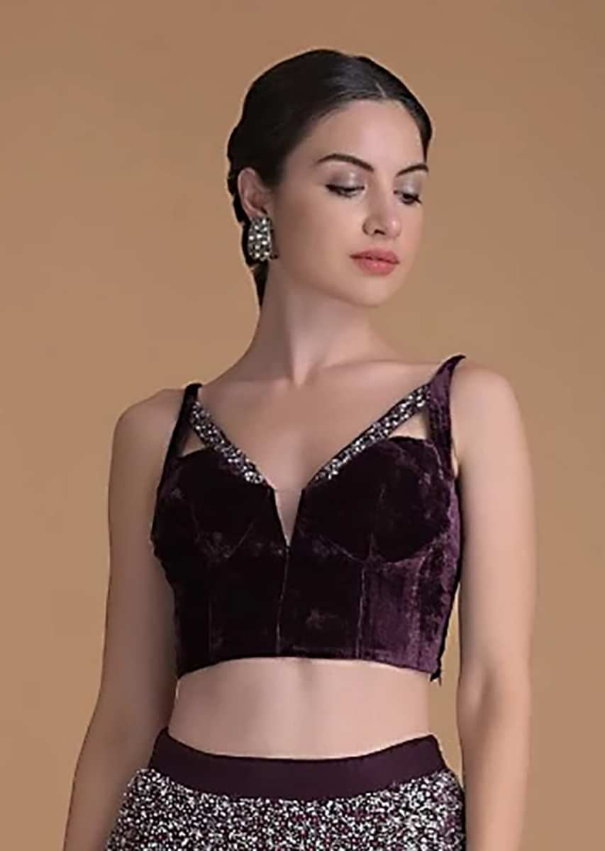 Wine Purple Blouse In Velvet With Plunging V Neckline, Cut Out Detail And Cut Dana Work
