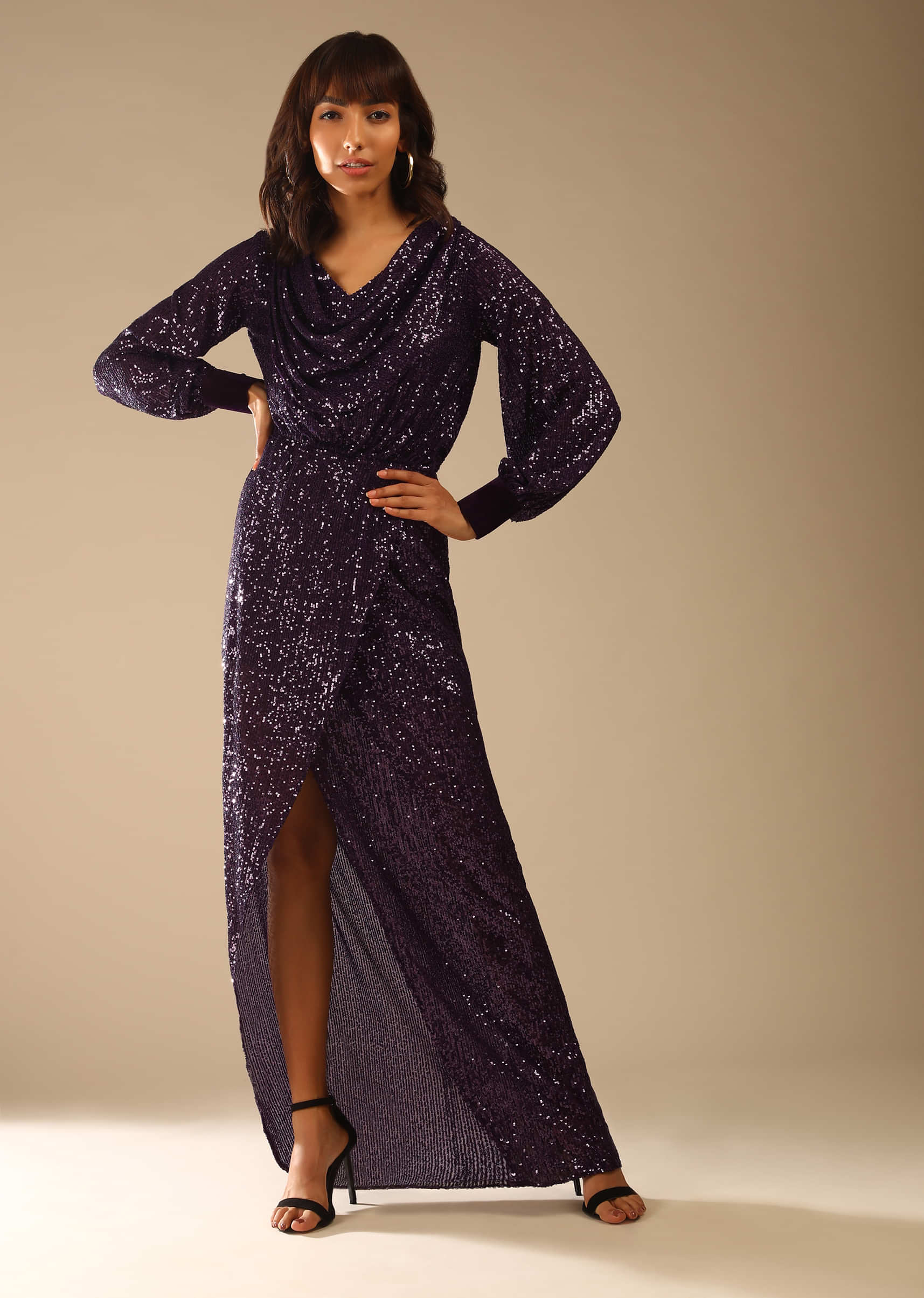 Wine Purple Gown Embellished In Sequins With Cowl Neckline And Peasant Sleeves