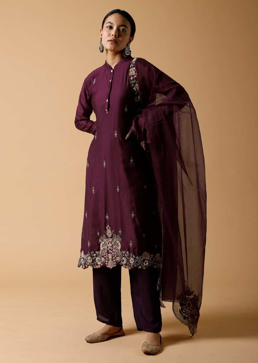 Wine Purple Kurti And Organza Dupatta Set With Colorful Resham And Moti Embroidered Floral Motifs  