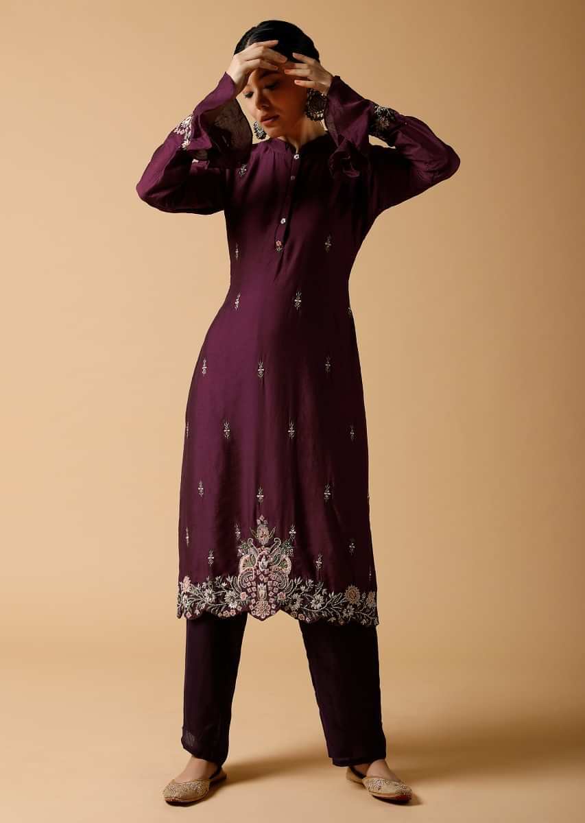 Wine Purple Kurti And Organza Dupatta Set With Colorful Resham And Moti Embroidered Floral Motifs  