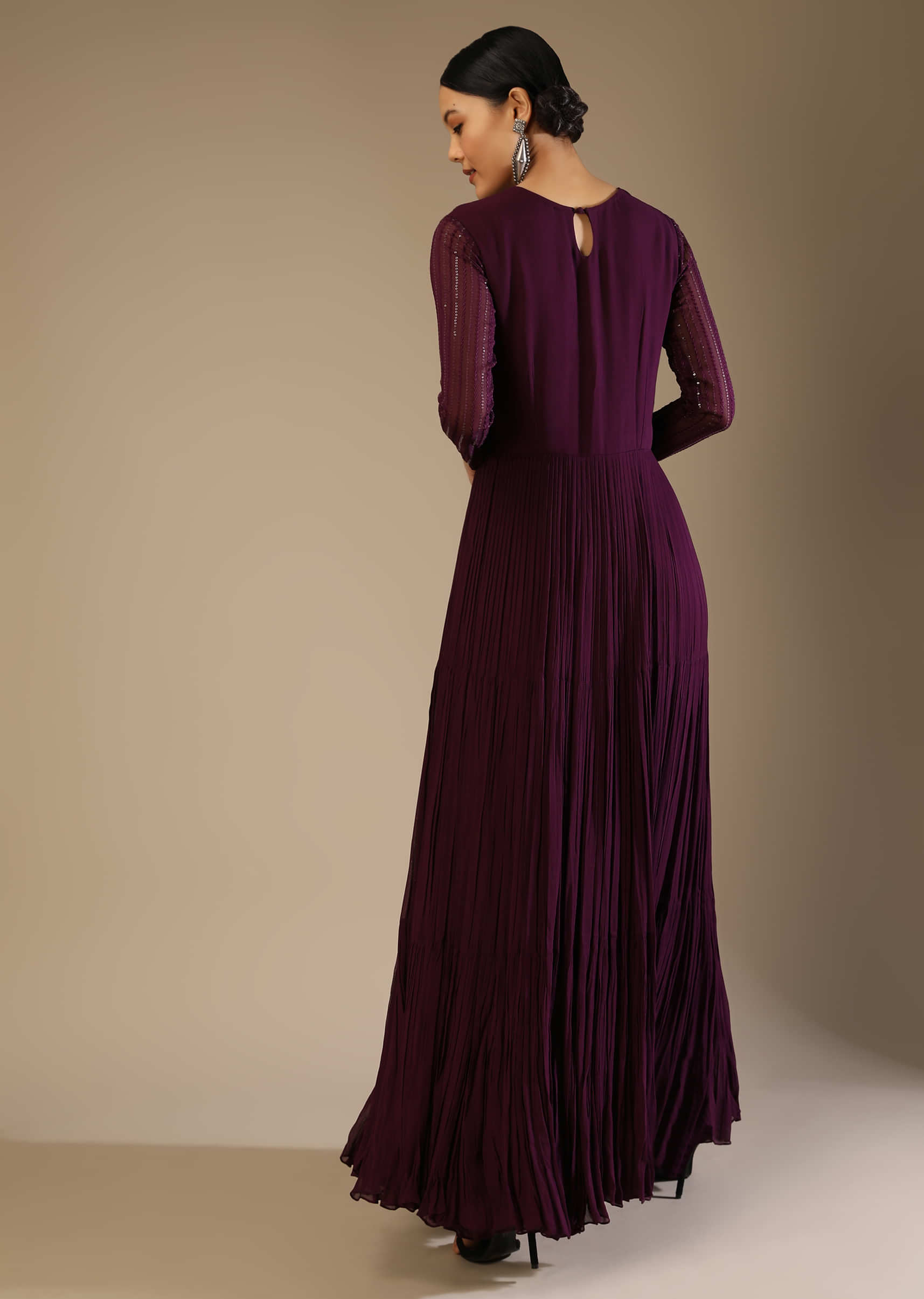 Wine Purple Palazzo Suit With A Long Slit Top Adorned In Cut Dana Work In Scallop Design  