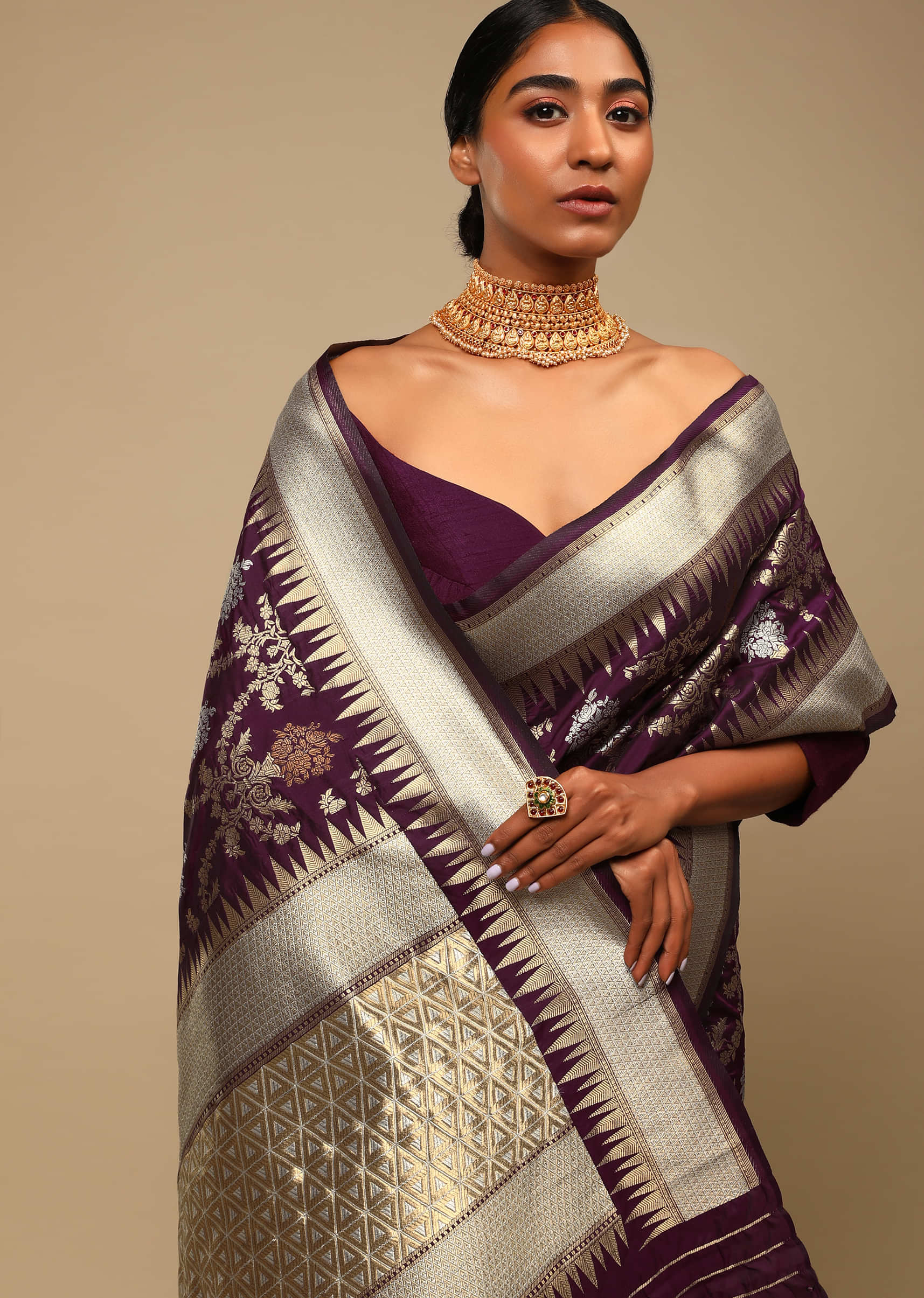 Wine Purple Saree In Art Handloom Silk With Three Toned Woven Floral Jaal, Geometric Motifs On The Pallu And Unstitched Blouse  