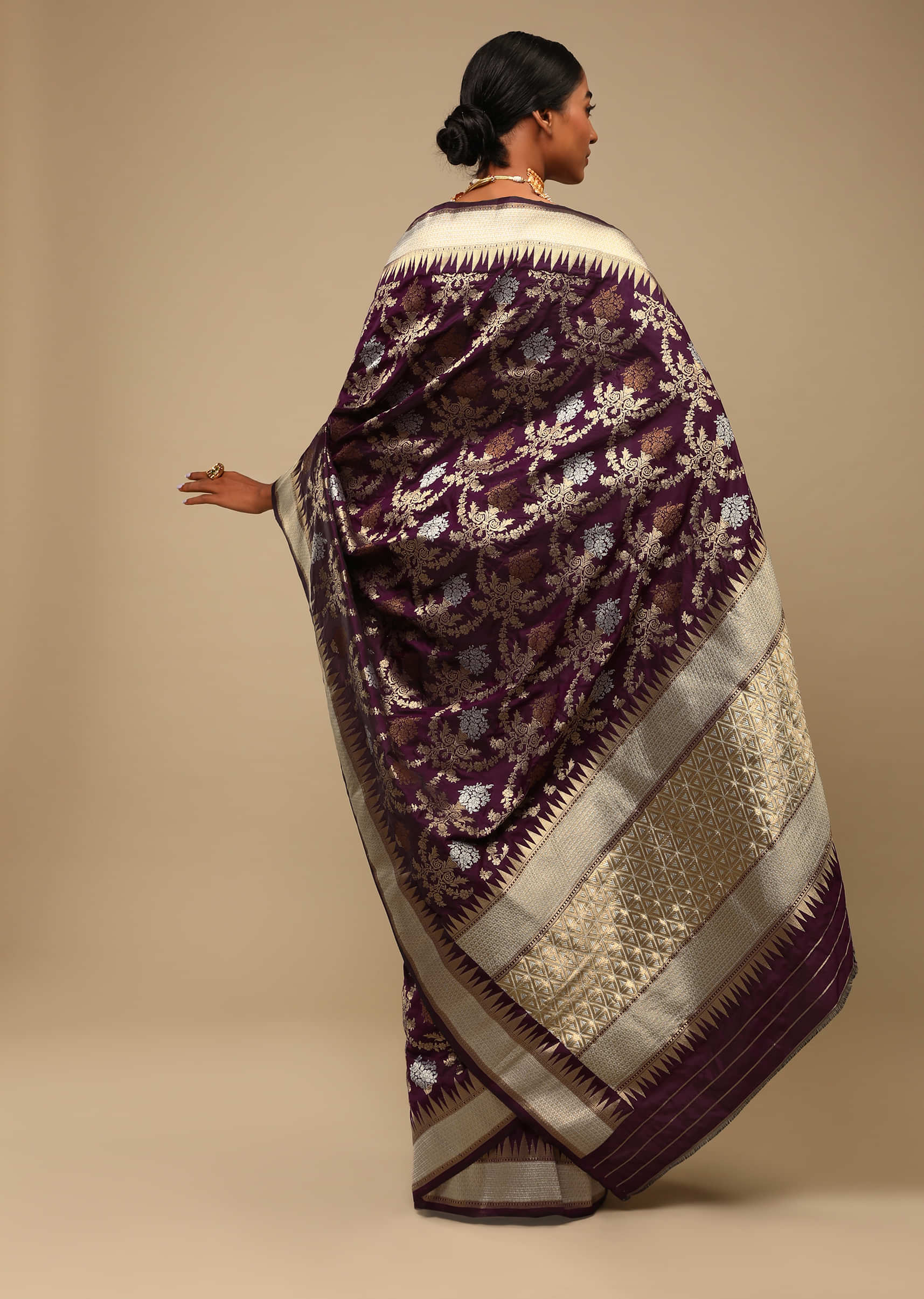 Wine Purple Saree In Art Handloom Silk With Three Toned Woven Floral Jaal, Geometric Motifs On The Pallu And Unstitched Blouse  