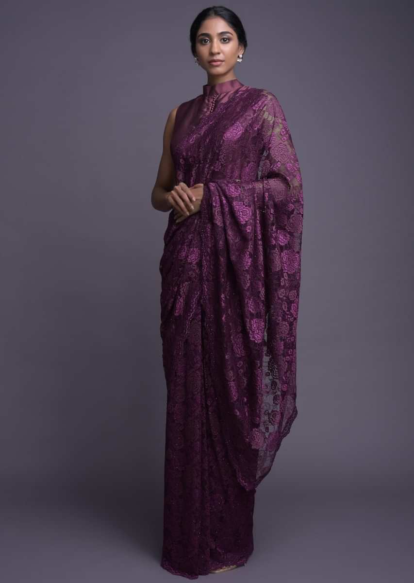 Wine Saree In Floral Lace Enhanced With Kundan Work Online - Kalki Fashion