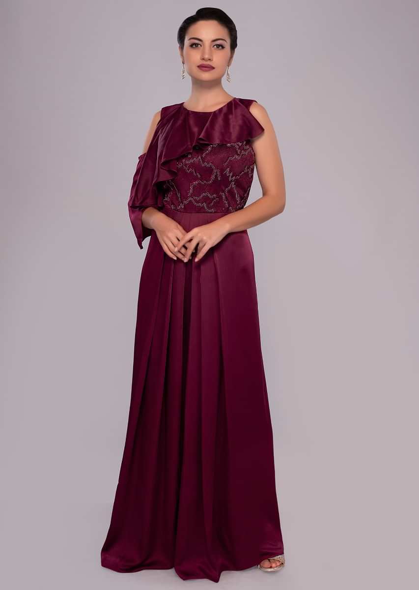 Wine satin jumpsuit with net embroidered bodice 
